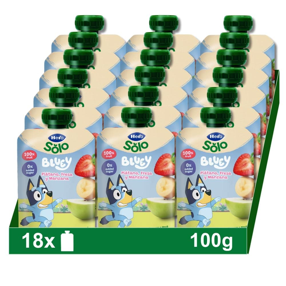 Hero Solo, Bolsitas con Plátano, Fresa y Manzana, Para Bebés a Partir de los 6 Meses - Pack de 18 x 100 g, El embalaje puede variar