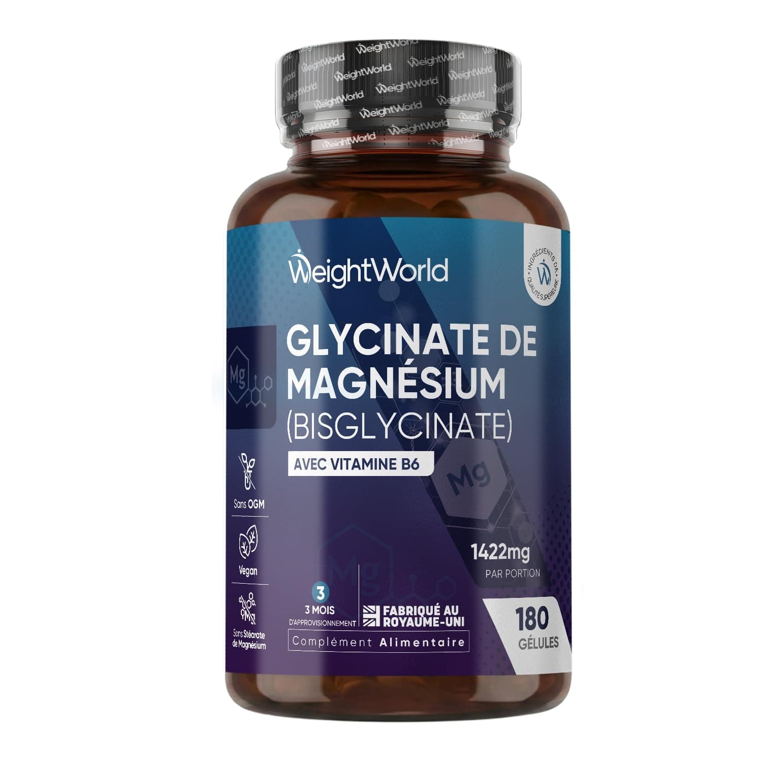 Magnesium Bisglycinate + Vitamine B6, 1422mg - 180 Gélules Vegan pour 3 Mois - le Magnésium Contribue à Réduire la Fatigue & l'Épuisement (EFSA) - sans OGM, sans Gluten - 2 Gélules par Jour