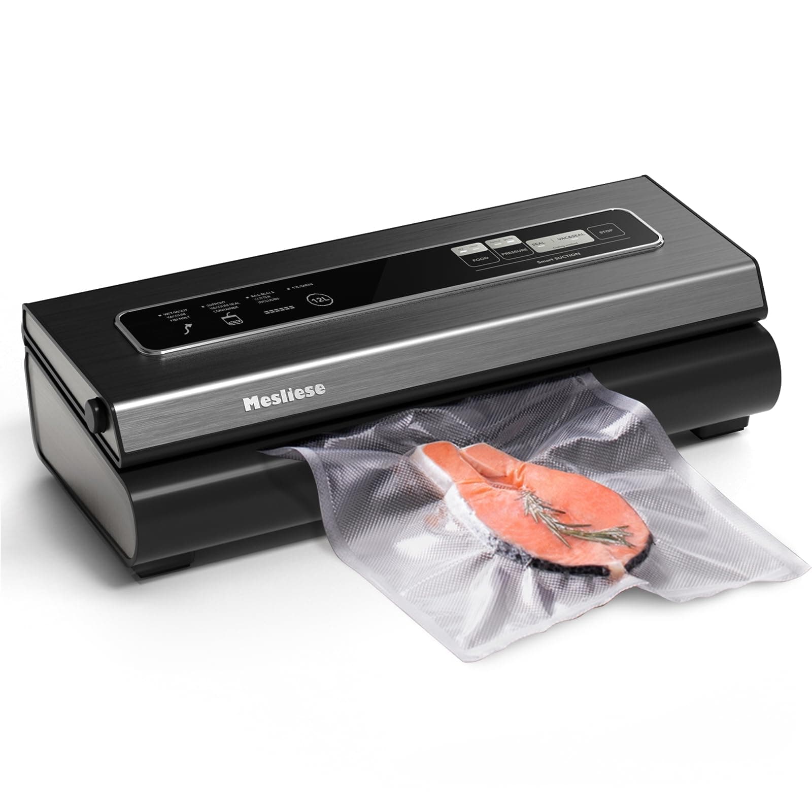 Mesliese Machine Sous Vide Alimentaire 90Kpa Puissant Appareil de Mise Sous Vide, 6-en-1 Compact Machine D'emballage des Aliments, 2 Rouleaux de Sac et 5 Sacs Prédécoupés (Gris)