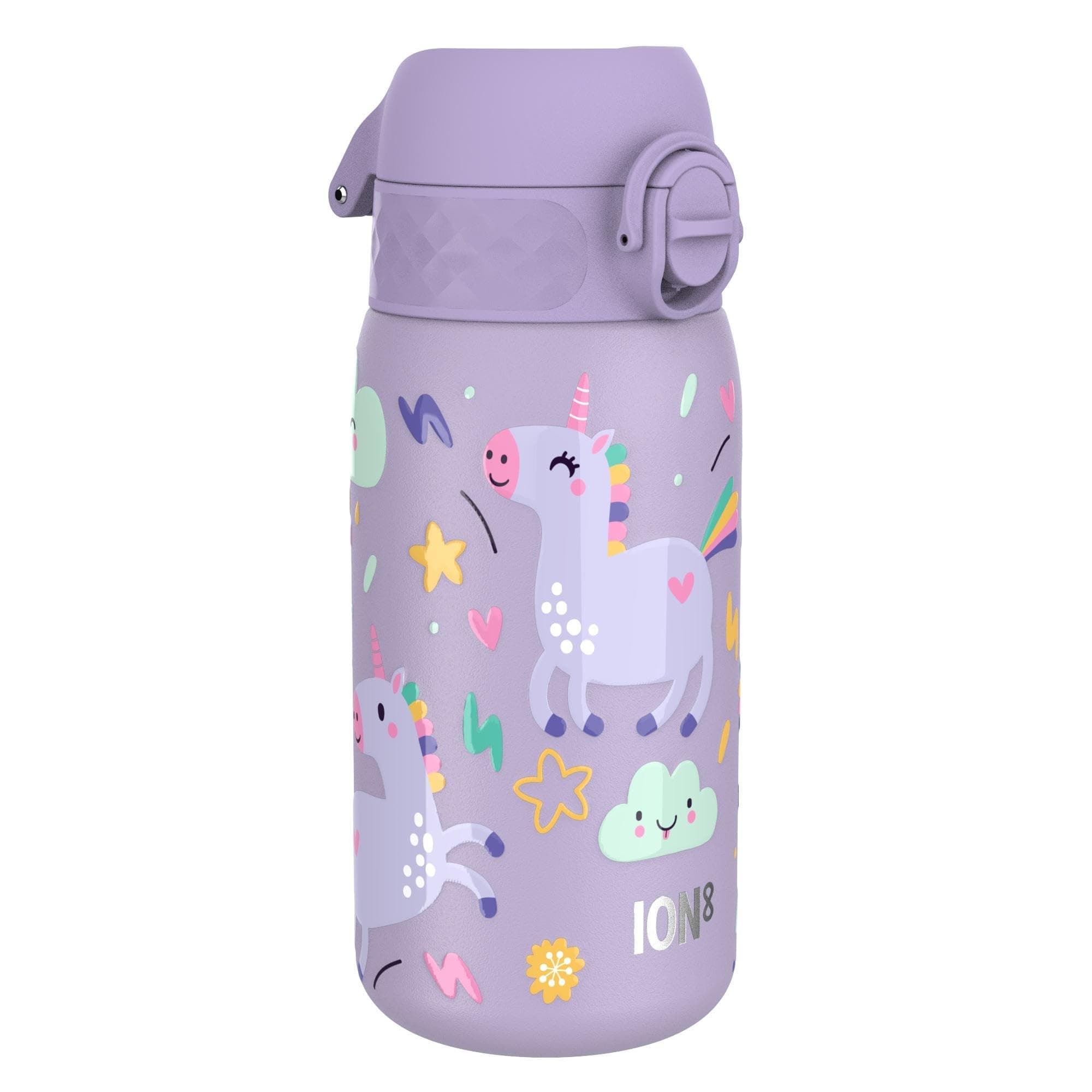 ION8 Gourde Enfant, Anti-Fuite, Facile à Ouvrir, Verrouillage Sécurisé, Lavable en Lave-Vaisselle, Poignée de Transport, Facile à Nettoyer, Carbone Neutre, Motif Licornes