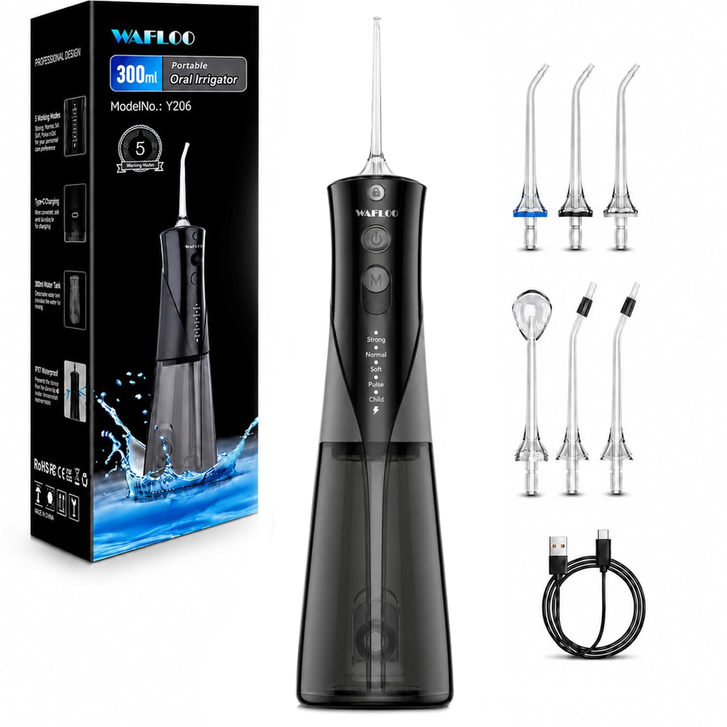 WAFLOO Irrigador Dental Portatil, 5 Modos de Limpieza con 6 Boquillas, Tanque de Agua de 300ml, IPX7 Impermeable, Ideal para Limpieza Dental en Casa y de Viaje（Negro）
