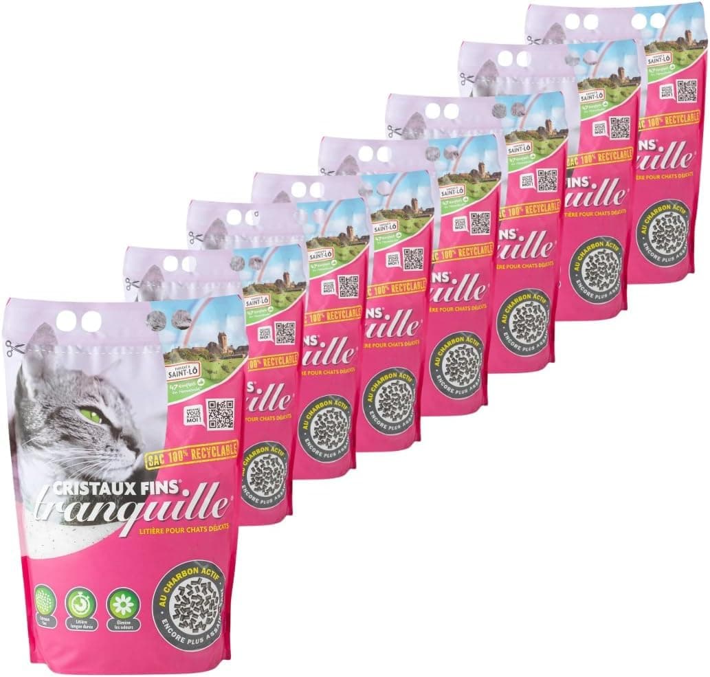 Tranquille - Litière pour Chat Silice Cristaux Fins et Charbon Actif 3,70L - Lot de 8