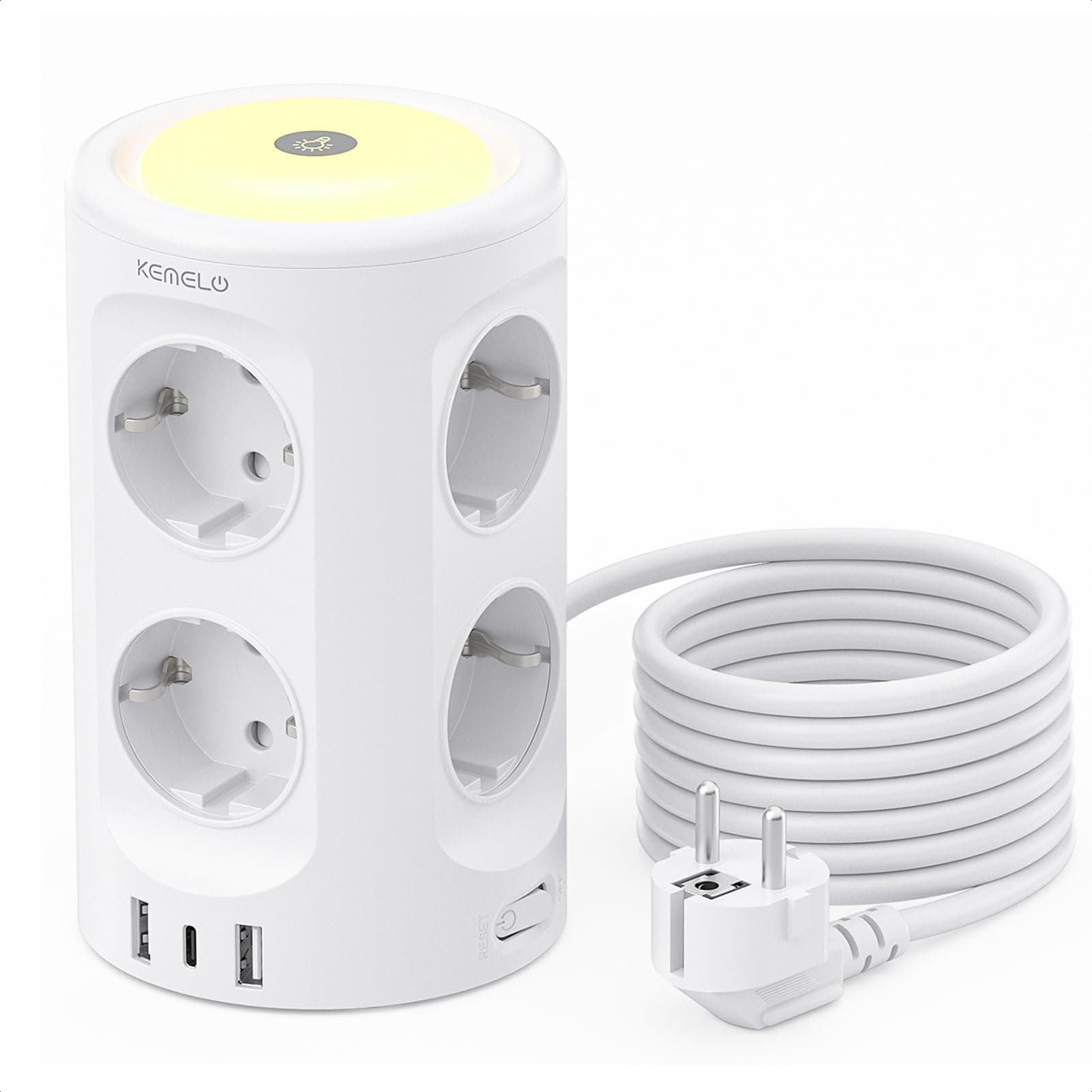 Torre Regletas Enchufes, Regleta USB 8 Tomas de AC y 3 USB, 3M Torre Enchufes Vertical con luz Nocturna y Interruptor,Regleta Enchufes Proteccion Sobretension, Enchufe Multiple para Mesa, Oficia, Casa