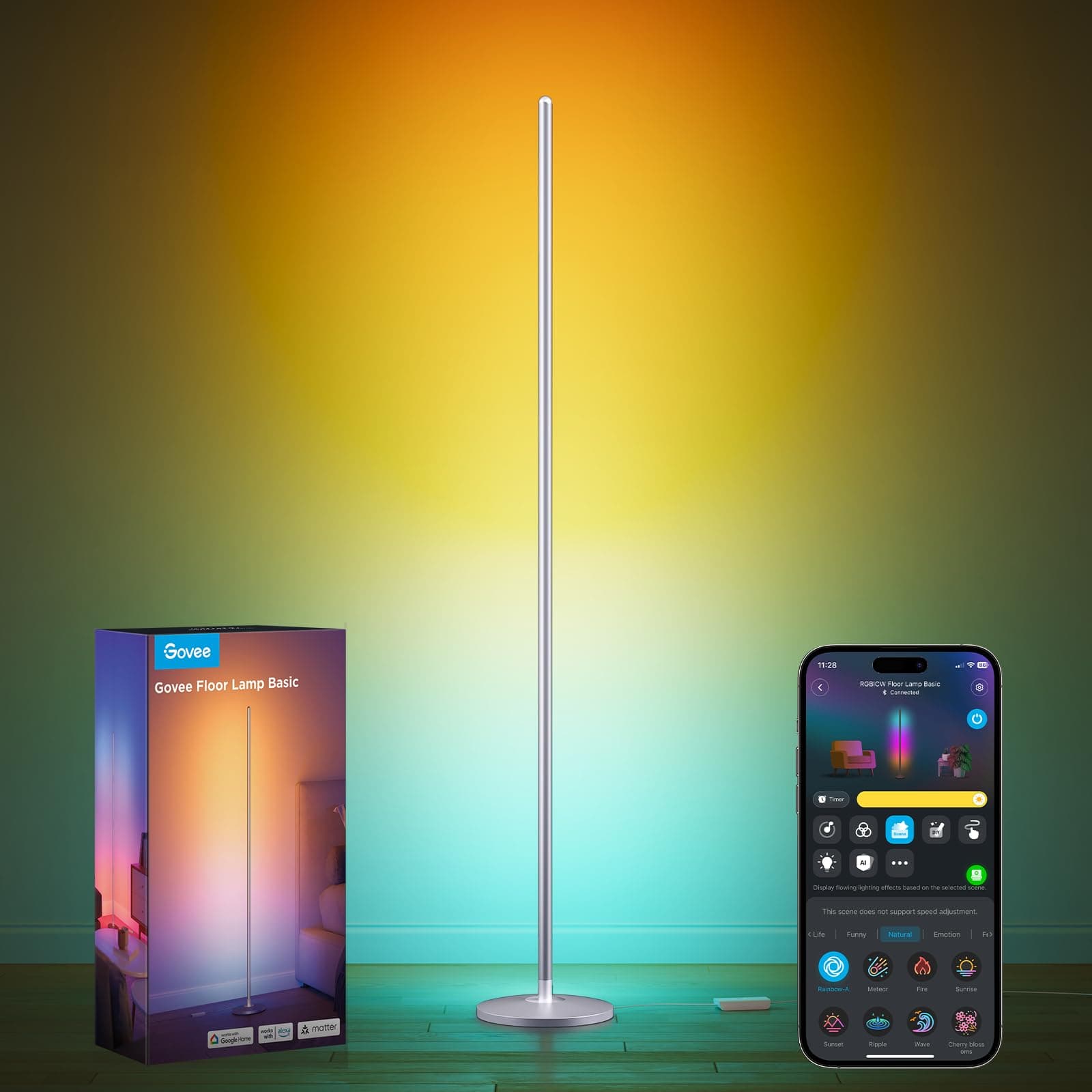Govee RGBIC LED Stehlampe Wohnzimmer, 1000lm Stehleuchte Dimmbar, Arbeiten mit Matter & Alexa, 85 Szenenmodi, 16 Millionen Farben, DIY & Musikmodi, 136cm Ecklampe für Schlafzimmer Deko, Silber