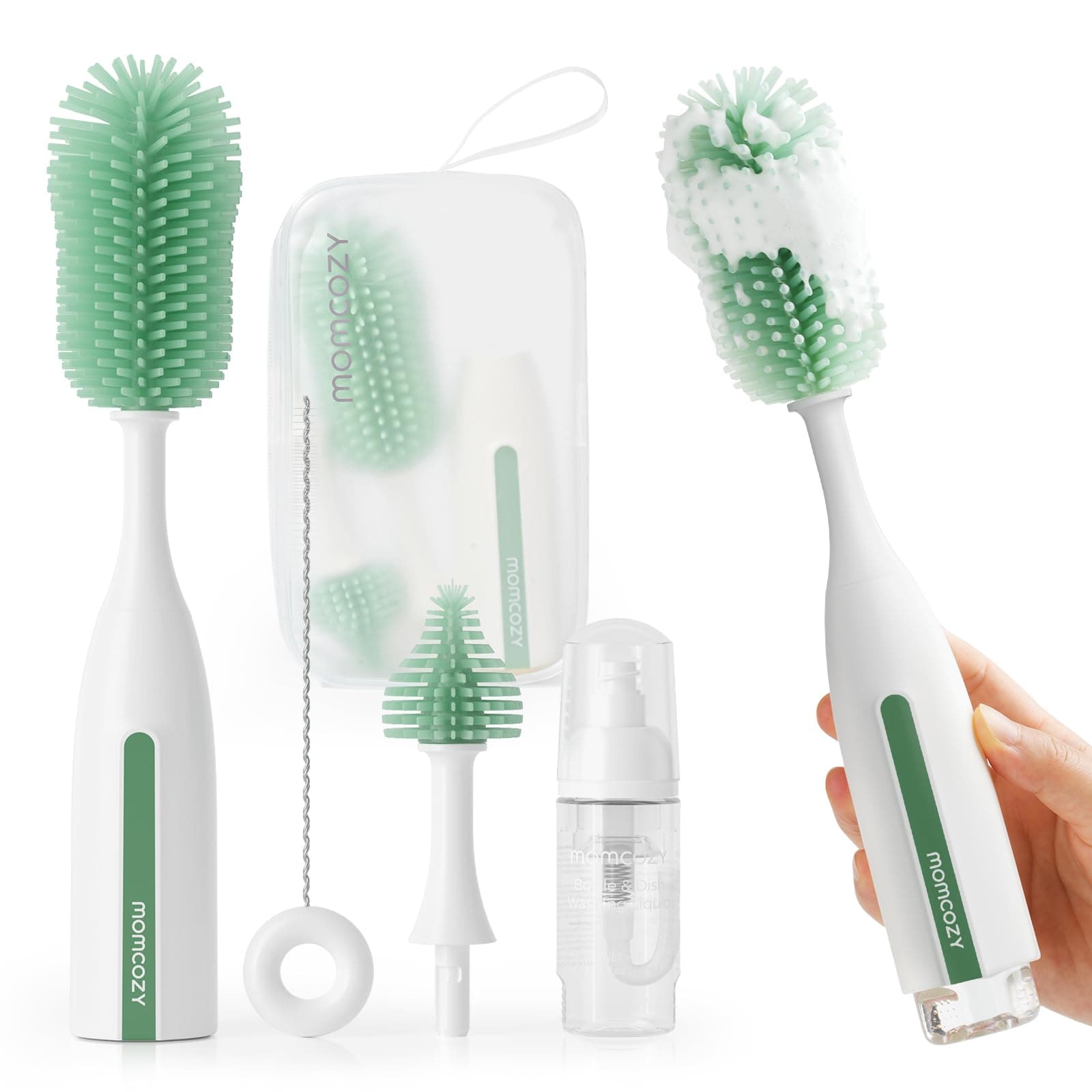 Momcozy Flaschenbürsten Set Pro, Innovatives Push-Press-Design zur gründlichen Reinigung – Flaschenreinigungsbürste für Flaschen/Brustpumpen/Nippel – Verstopfungsfreie Bürste & Schaum