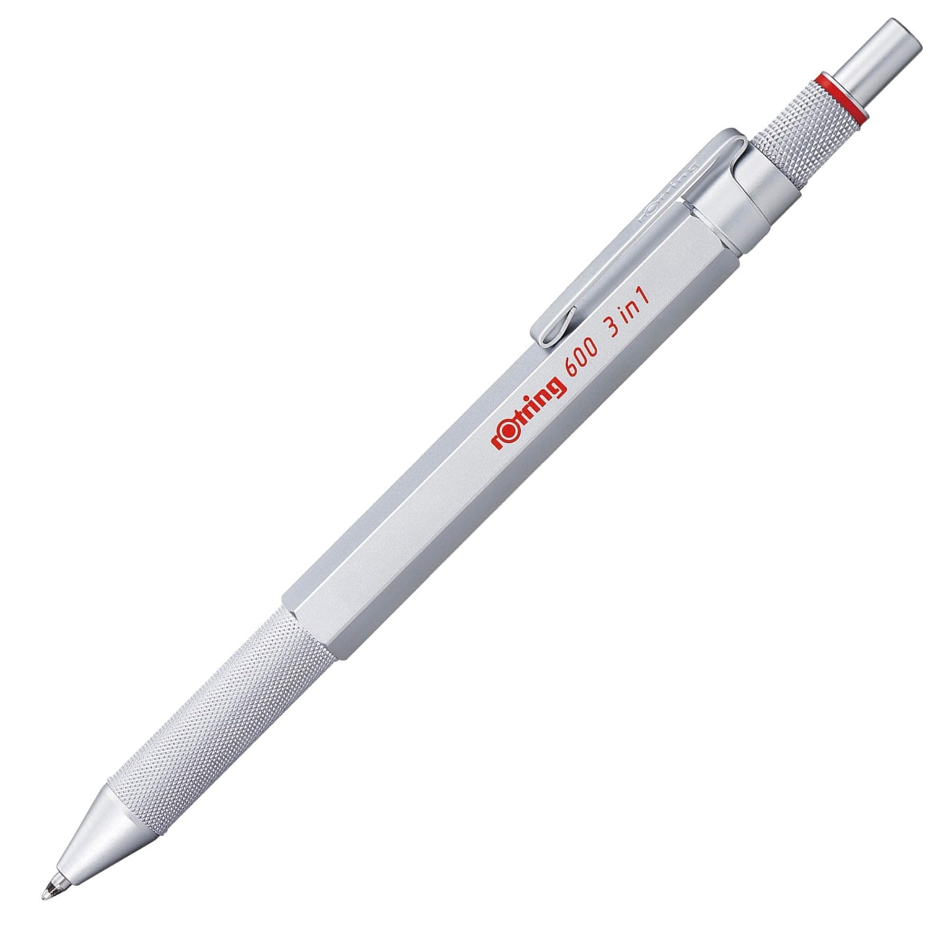 rOtring 600 Stylo multi couleurs et porte mine 3 en 1 | 2 pointes fines stylo bille (encre noire et rouge) | 1 pointe porte mine (mine de 0,5 mm) | Corps argenté