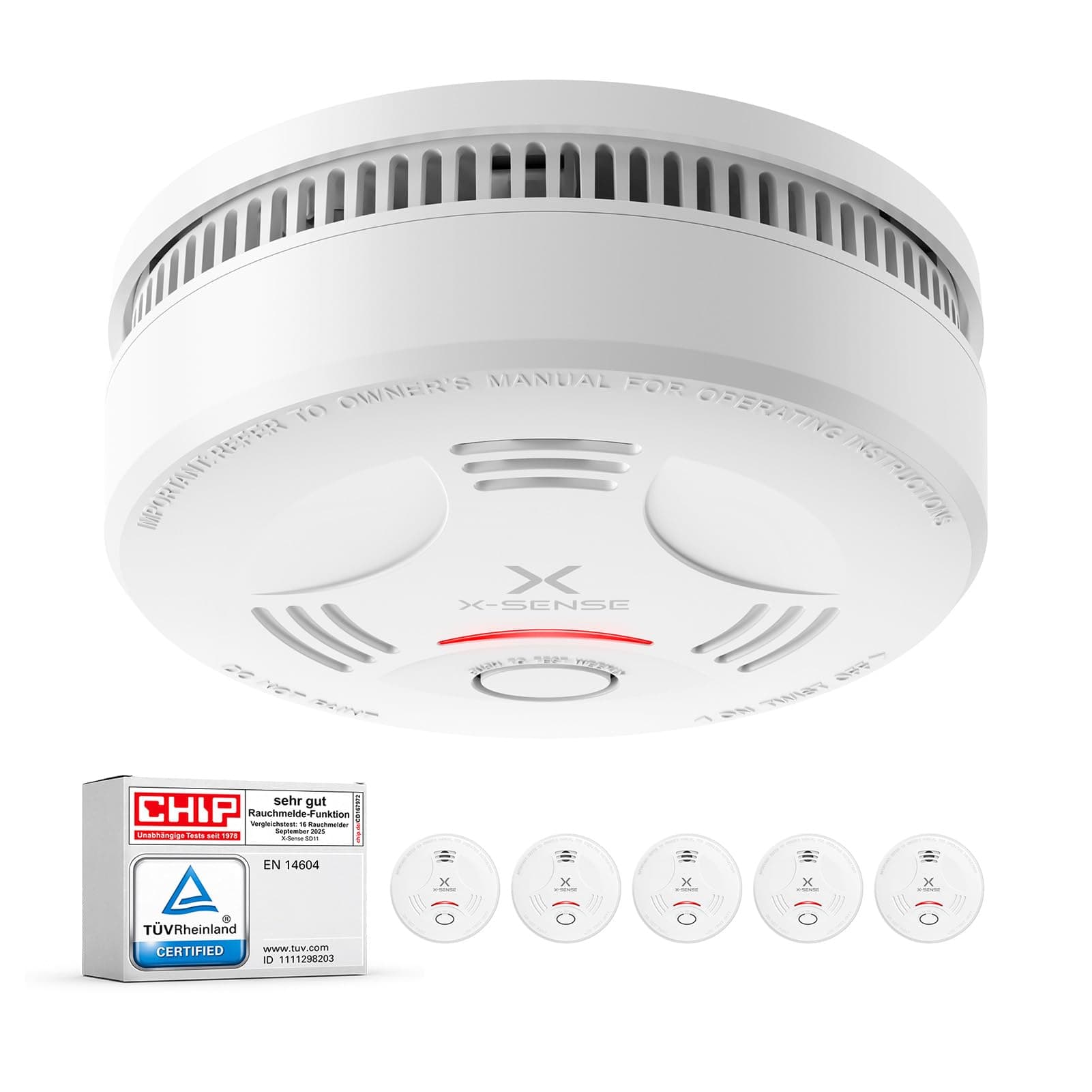 X-Sense Rauchmelder 10 Jahre Batterie, Feuermelder TÜV Rheinland Zertifiziert, Rauchwarnmelder mit Stummschaltung und Selbsttest Funktion, SD11, 5er Set