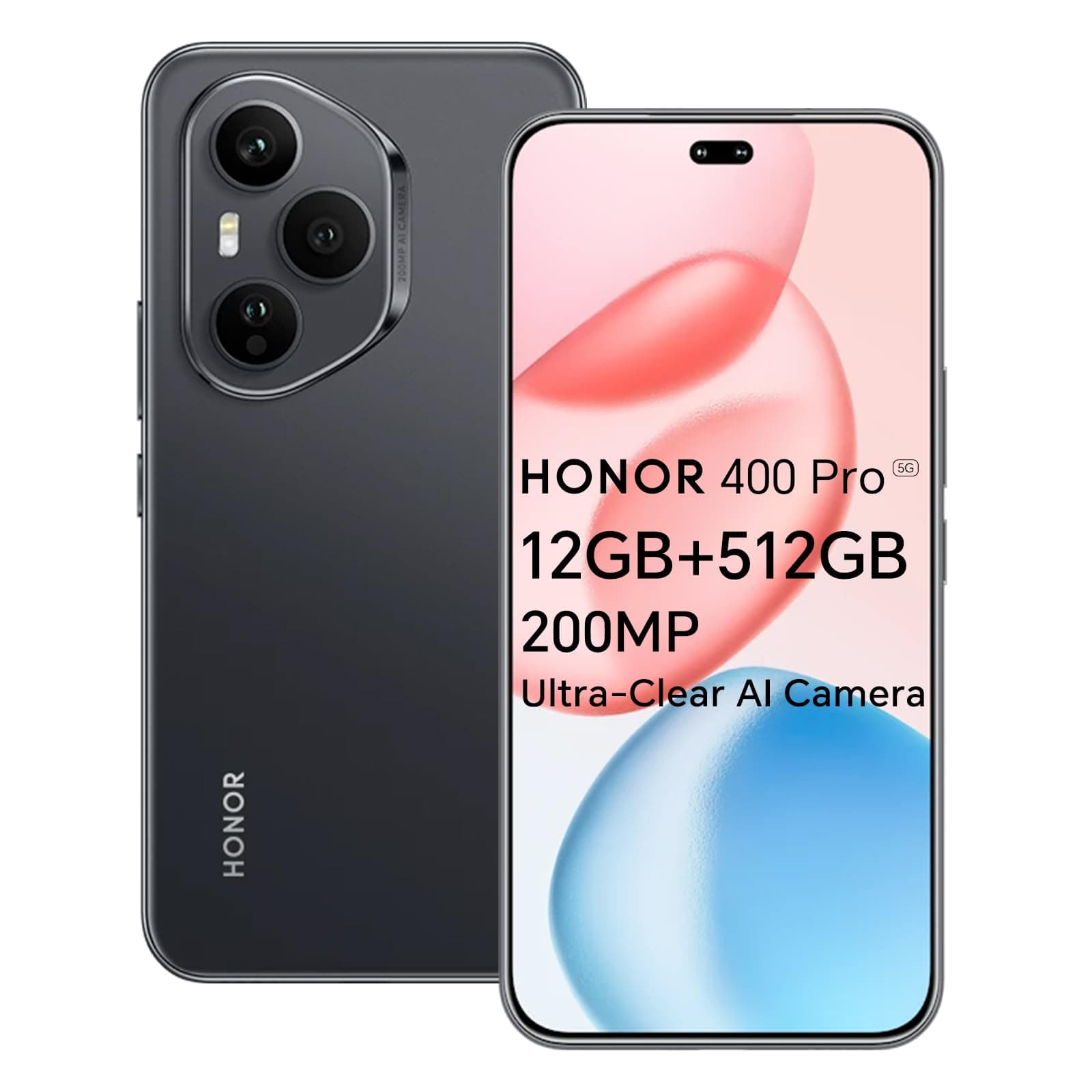 Honor 400 Pro 5G Smartphone, 12GB 512GB, Snapdragon 8 Gen 3, 200 MP Cámara AI, 6,7" AMOLED Display 120Hz, IP68 e IP69, Dual-SIM, NFC, Android 15, Sin Cargador, Negro