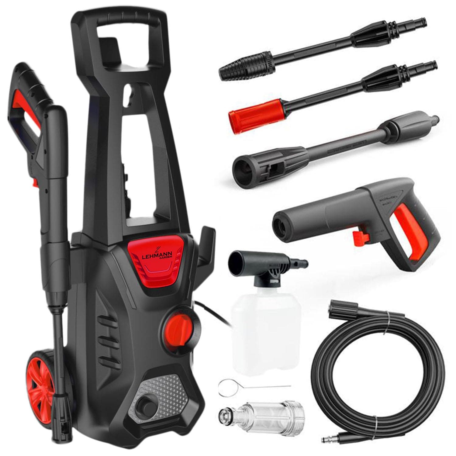 LEHMANN Jukon Nettoyeur Haute Pression, 1600 W, Max. 200 Bar, Débit 480 l/h, Tuyau 5 m, Pompe en Aluminium, Buse réglable & rotative, Lance à Mousse, Idéal pour Maison, Jardin, Terrasse, Voiture