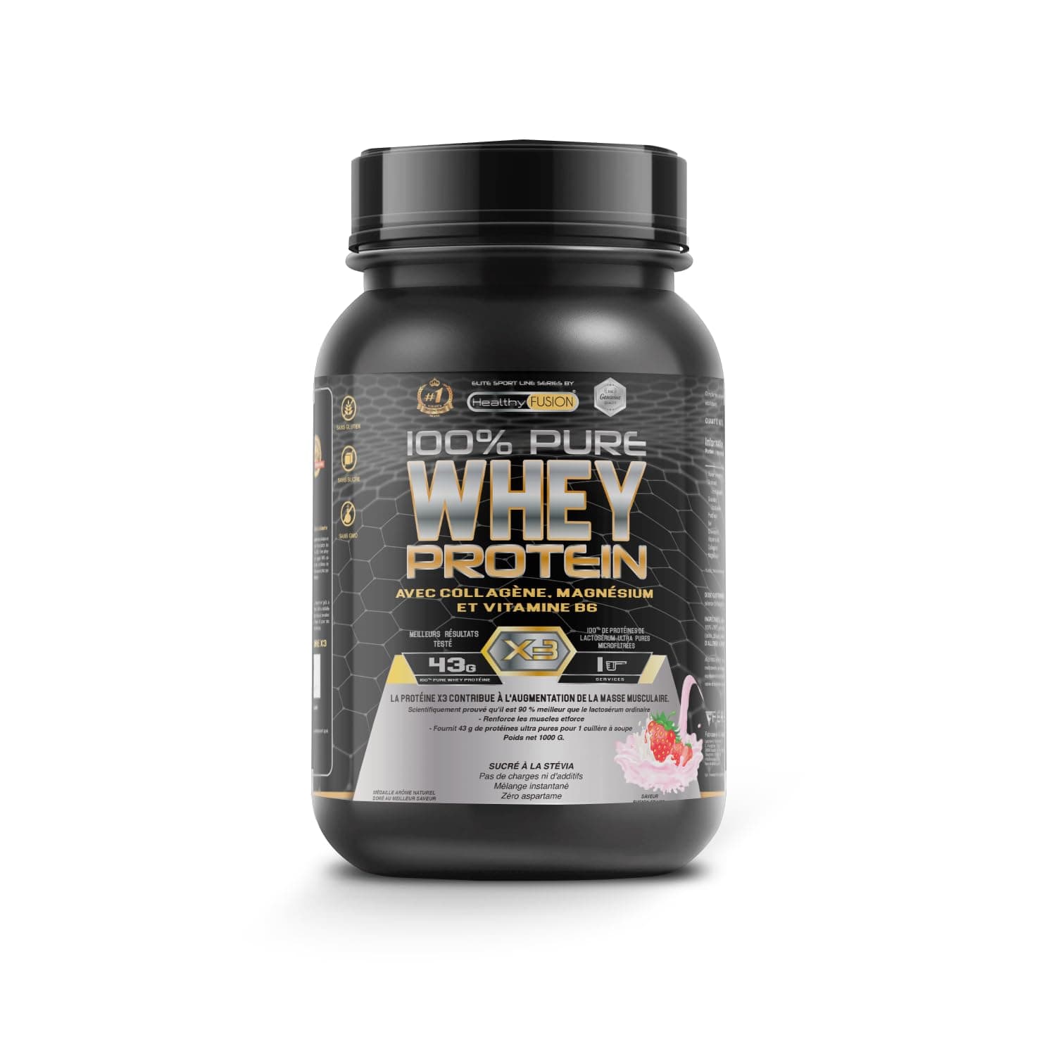 Healthy Fusion Whey Protein | 43 g/dose Protéine Whey Pure avec Collagène, Magnésium et Vitamine B6 | Augmente la masse musculaire, améliore l’entraînement et renforce les articulations | Fraise 1kg