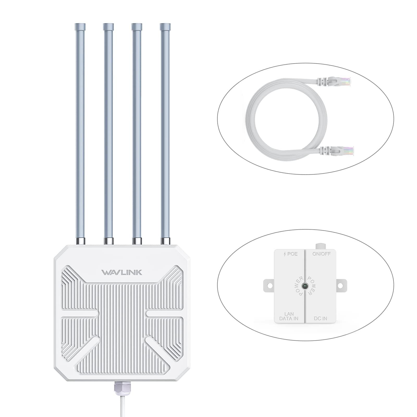 WAVLINK WiFi 6 Router/Punto de Acceso/Repetidor, AX1800 Repetidor WiFi Exterior, 4 Antenas de 8 dBi, Resistente a la Intemperie IP67, Compatible con Starlink para Granjas, Autocaravanas, Campings