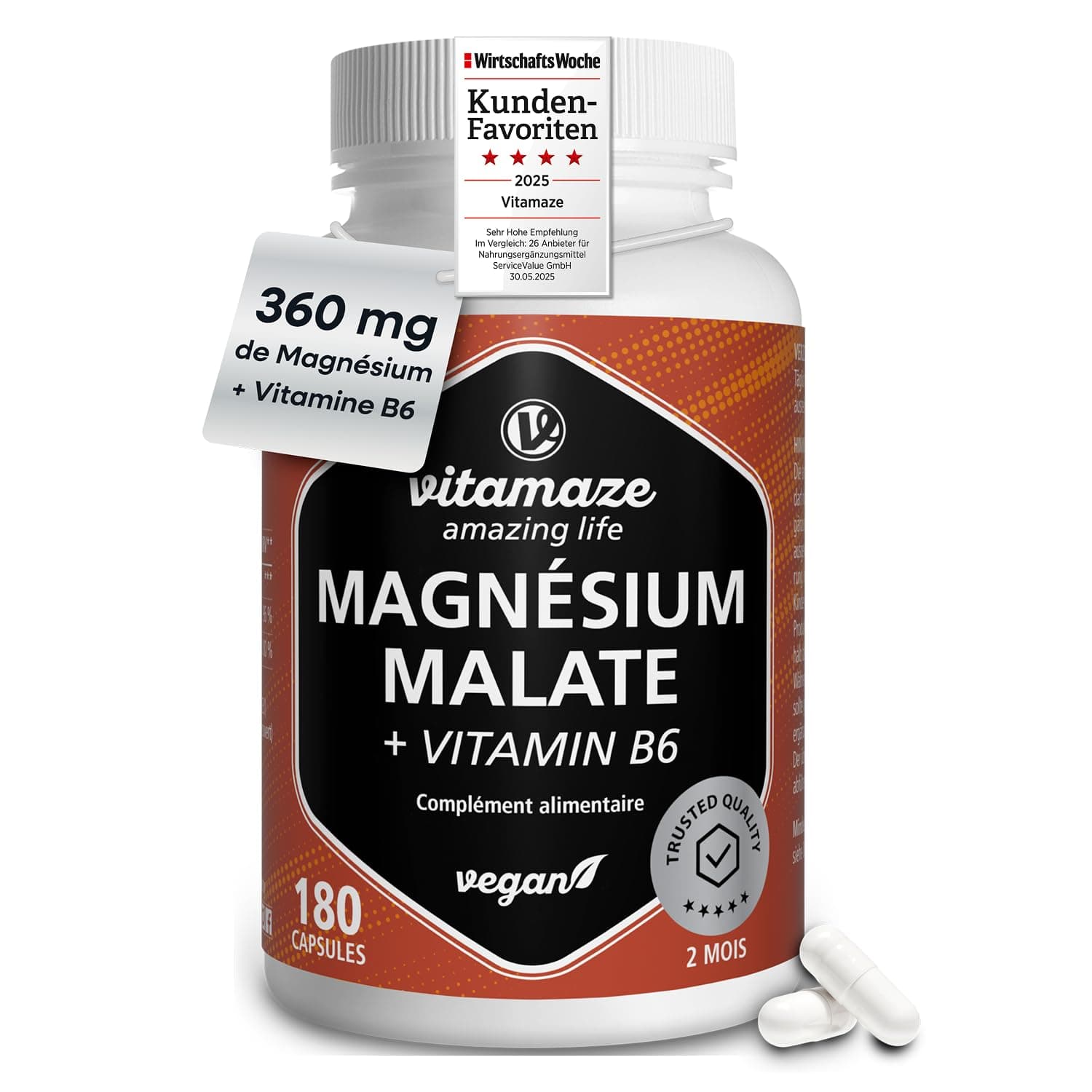 Magnésium Malate 1800 mg avec Vitamine B6, Métabolisme Énergétique, Protéines et Glycogène, Récupération Musculaire & Endurance, 180 Capsules Végétales, Vitamaze