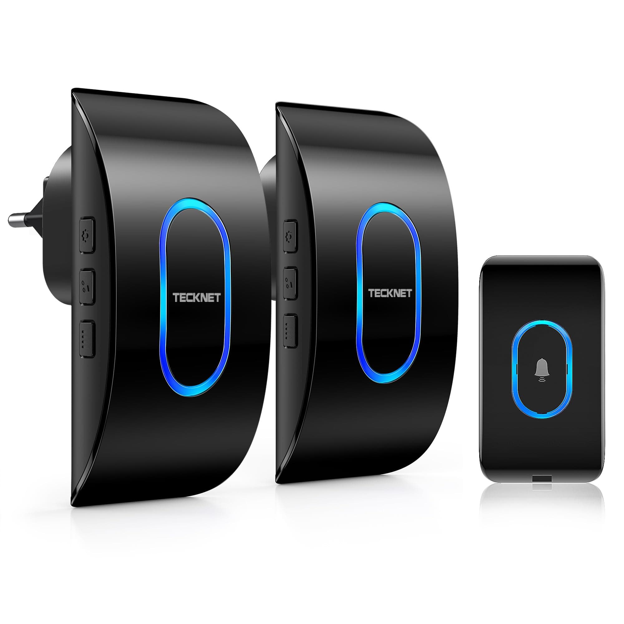 TECKNET Sonnette sans Fil Exterieur Etanche avec 2 Récepteurs, Portée de 400M, IP65 Etanche Carillon, 60 Mélodies et 5 Niveaux Volume, Indicateur LED Bleu, pour Maison, Hôtel -Noir