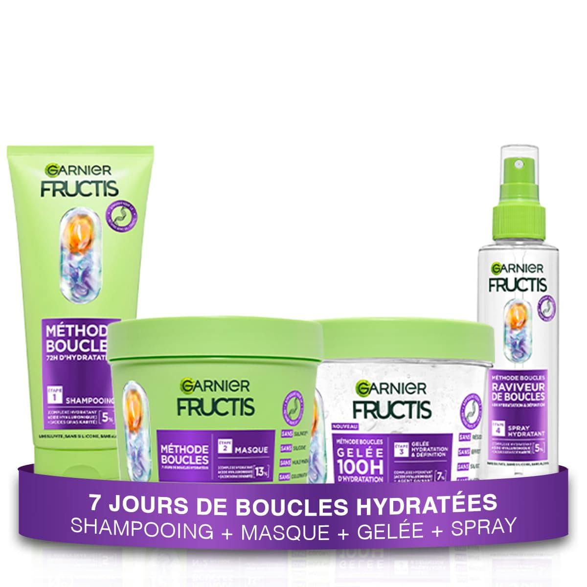 Garnier - Fructis Méthode Boucles - Routine 4 Produits - Shampoing, Masque & Spray Hydratant + Gelée hydratation et définition - Acide Hyaluronique & Beurre de Karité - Pour Tous les Types de Boucles