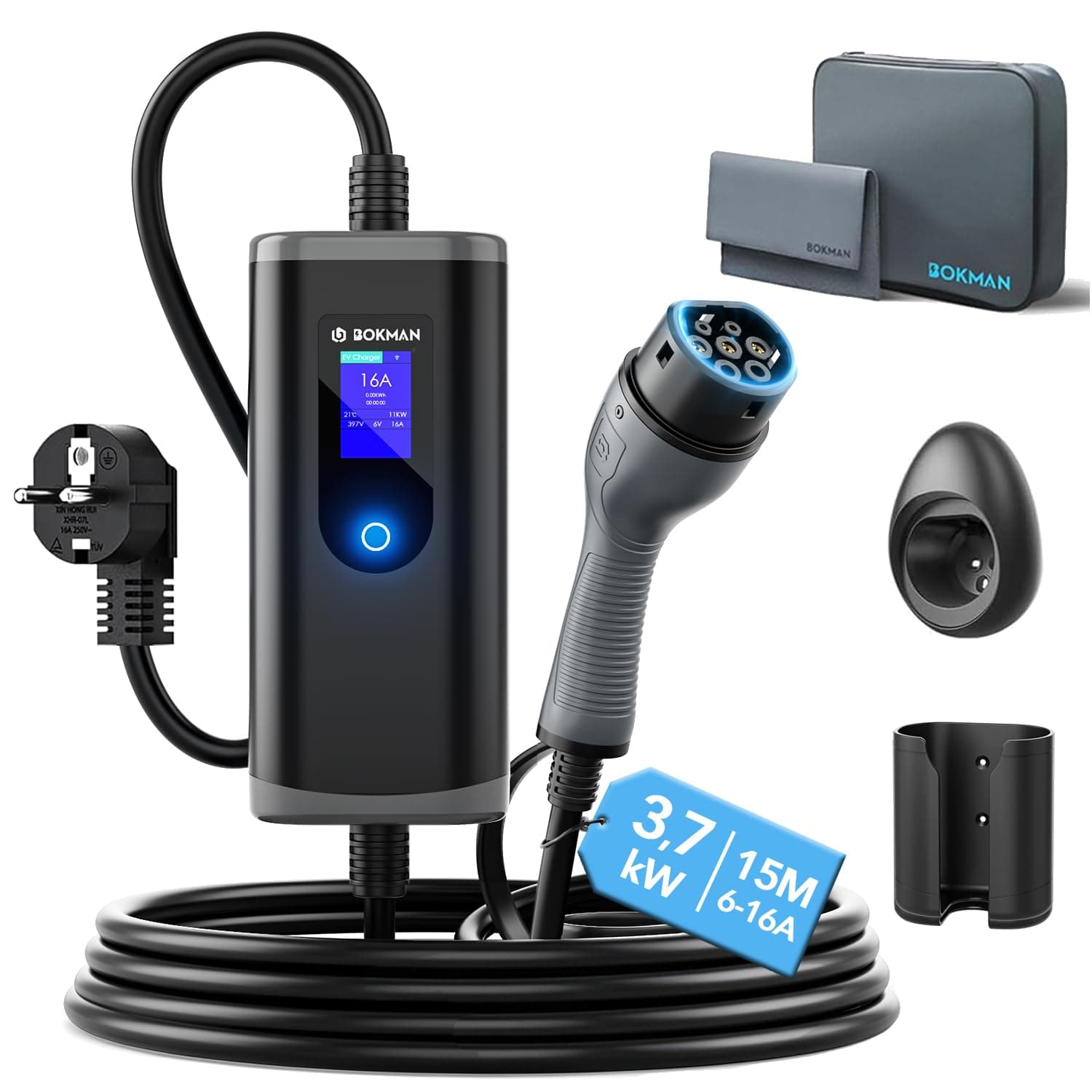 bokman Colonnina Ricarica Auto Elettrica, 3,7kW Tipo 2 Wall Box | 15M, Corrente regolabile 6-16A, TÜV, IP65 Wallbox, Connettore Tipo 2 (IP55), RCD Tipo A+ 6mA DC