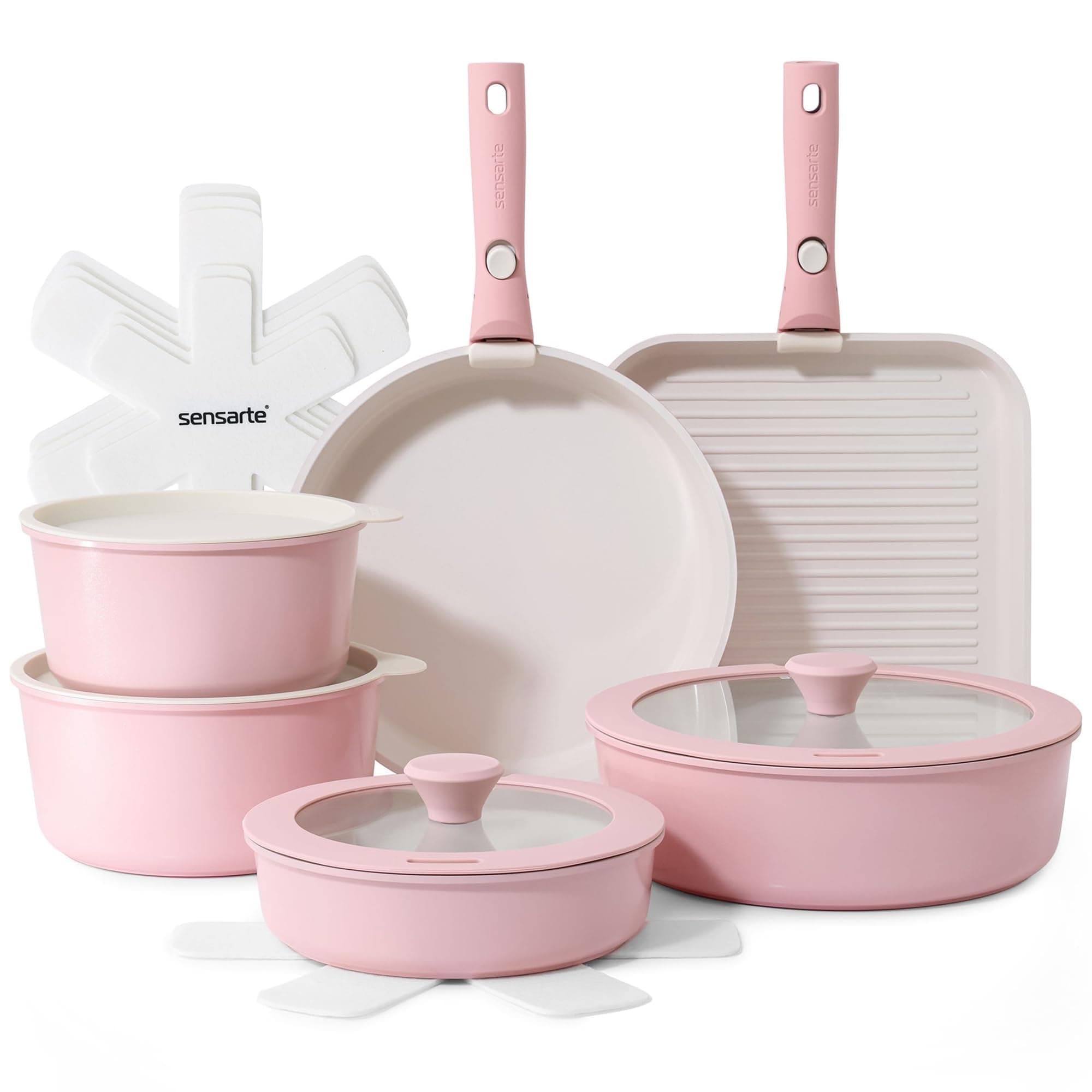 SENSARTE Set di Pentole 17 Pezzi con Manici Rimovibili, Antiaderente in Ceramica, Compatibile con Induzione e Gas, Include Padelle, Casseruole e Grill, Impilabile e Lavabile in Lavastoviglie