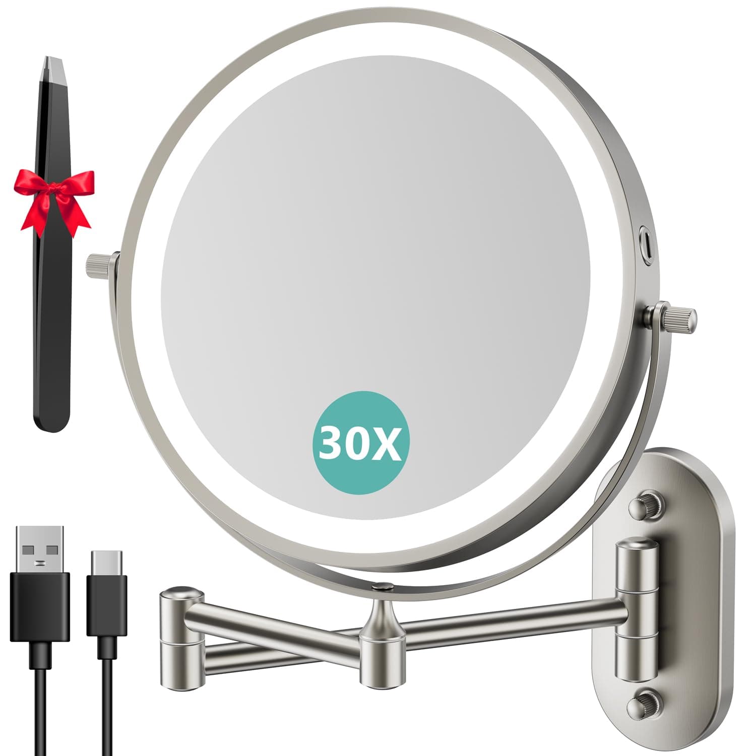 Auxmir Miroir Grossissant Mural 1X/30X, Batterie 3200mAh, 3 Modes Couleur, Bouton Tactile 2 Faces, Miroir Grossissant Lumineux 360° Pivotant Extensible, pour Salle de Bain, Chambre, Hôtel, Vestiaire