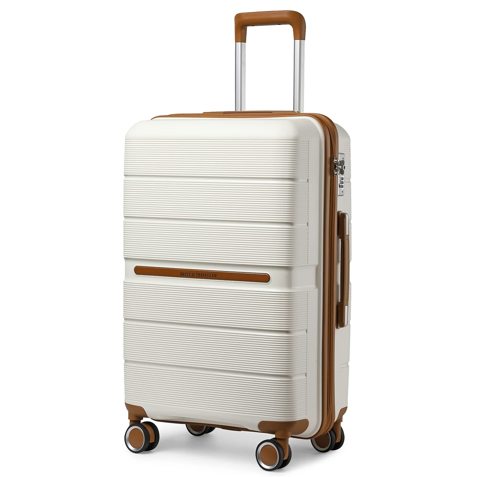 British Traveller Maleta de Viaje Grande con Material PP Maleta de Cabina Rígida Ligera con Cerradura TSA (76cm, Blanco)