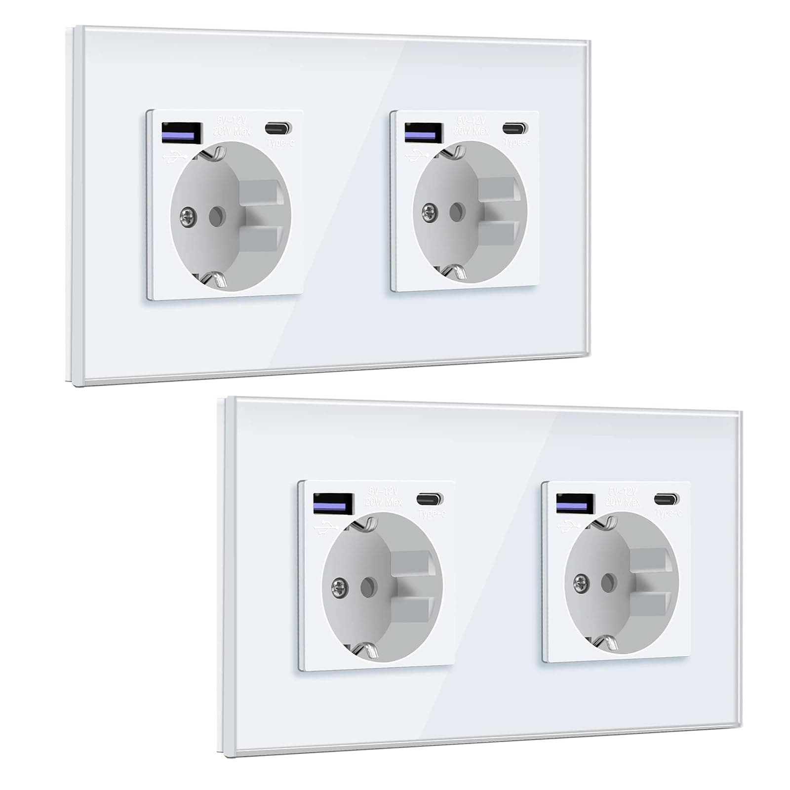 BSEED Enchufe Schuko con Cargador Rápido USB C 20W, Enchufe USB Empotrado, Enchufe Pared Enchufe Doble Blanco, Enchufe Doble Pared 2 Piezas
