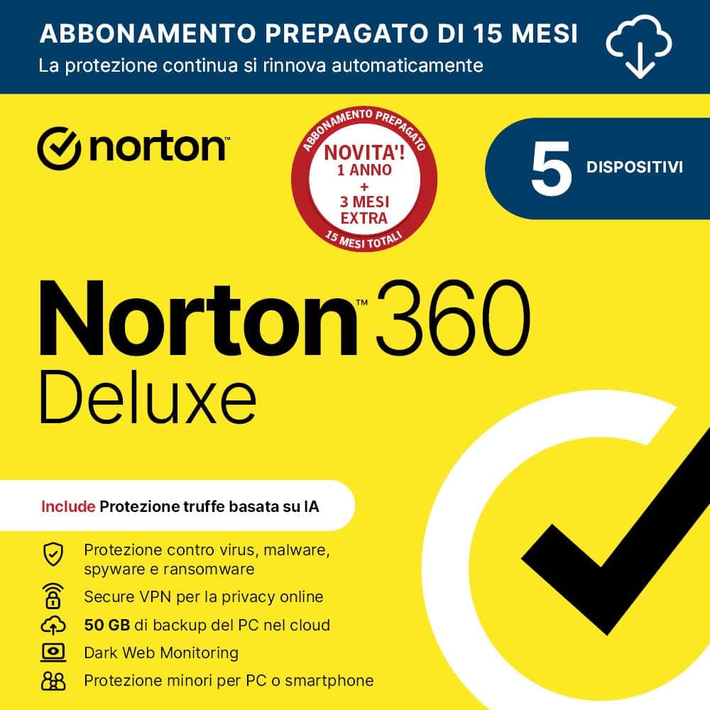 Norton 360 Deluxe 2026| Antivirus 5 dispositivi|15 mesi rinnovo automatico|Digital Download