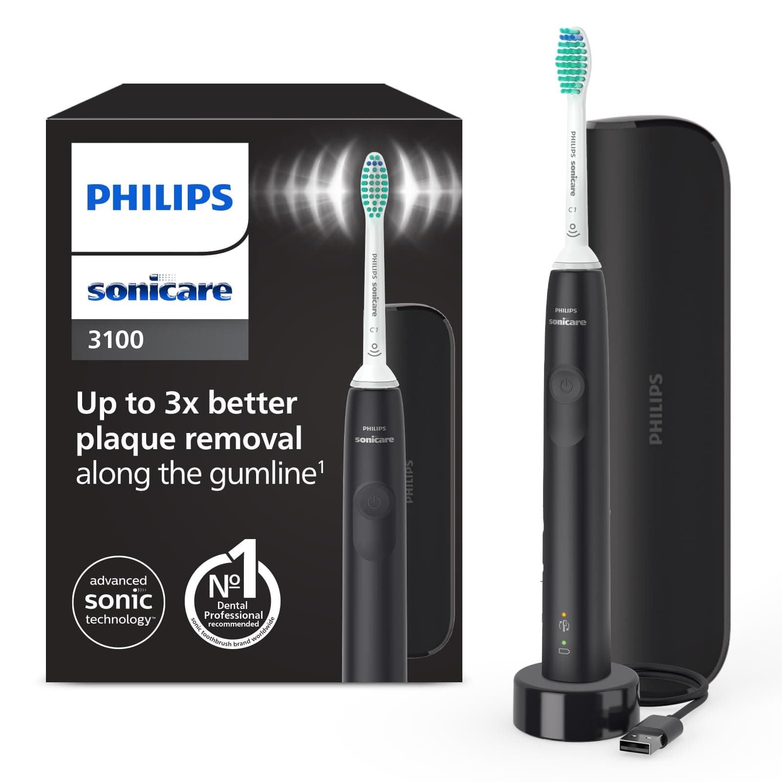 Philips Sonicare 3100, Brosse à dents électrique sonique, capteur de pression et minuterie, étui de voyage, noir, modèle HX3673/14