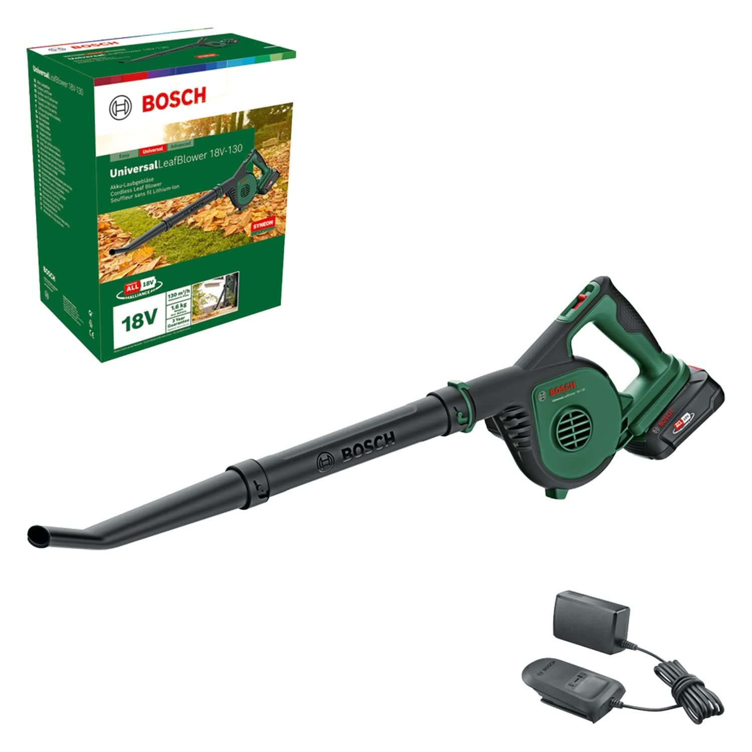 Bosch soplador de hojas a batería UniversalLeafBlower 18V-130 (para una limpieza rápida y sencilla de exteriores; sistema de 18 voltios; 1 batería de 2,5 Ah y cargador)