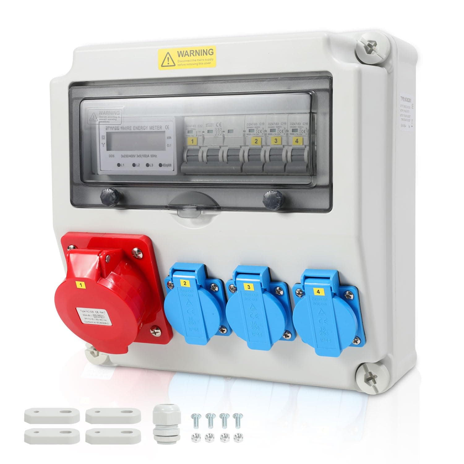 Daromigo Répartiteur de courant mural, Répartiteur de courant de construction, compteur électrique 3 phases et MCB, 3 prises Schuko 16 A 230 V, 1 prises CEE 32 A 5 pôles, prises avec couvercles de