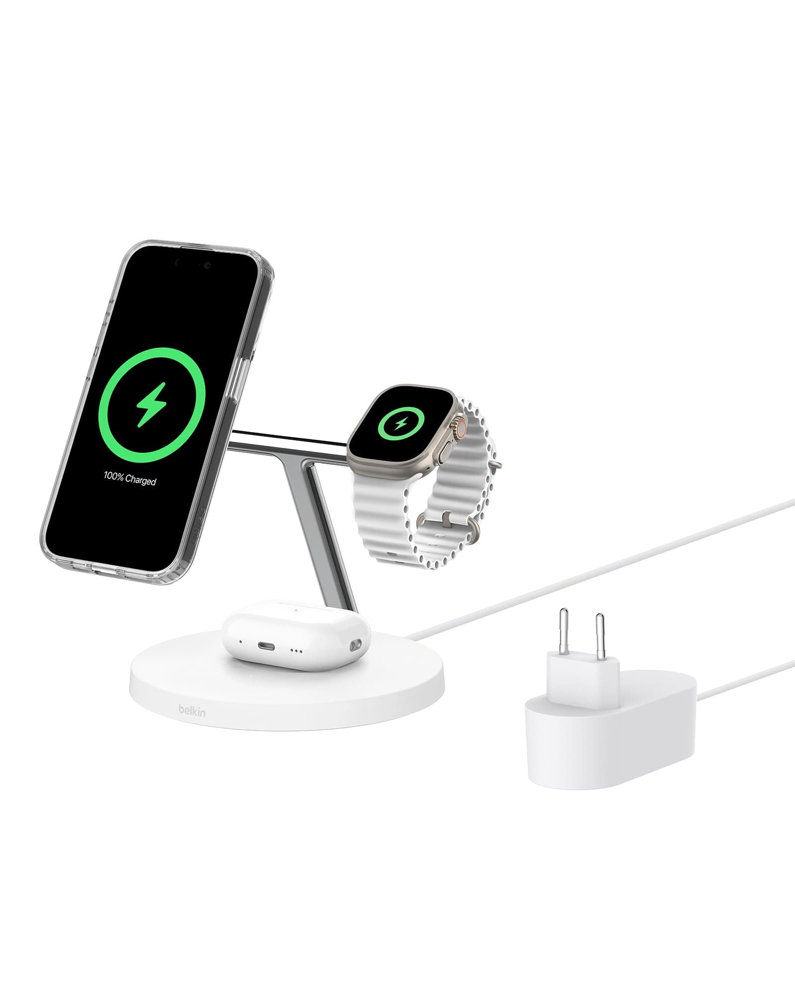 Belkin BoostCharge Caricatore 3 in 1 con Qi2, base di ricarica wireless compatibile con MagSafe, caricatore iPhone 17, Air, Pixelsnap, Apple Watch e AirPods, alimentatore incluso - Bianco