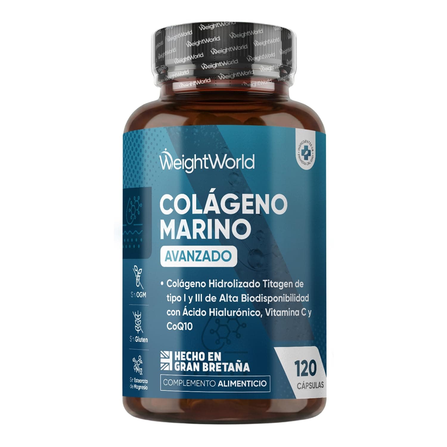 Colágeno Marino con Ácido Hialurónico, Vitamina C, Zinc y Coenzima Q10-120 Cápsulas de Colágeno Tipo I y III del Titagen®, Sin Estearato de Magnesio, OGM ni Gluten