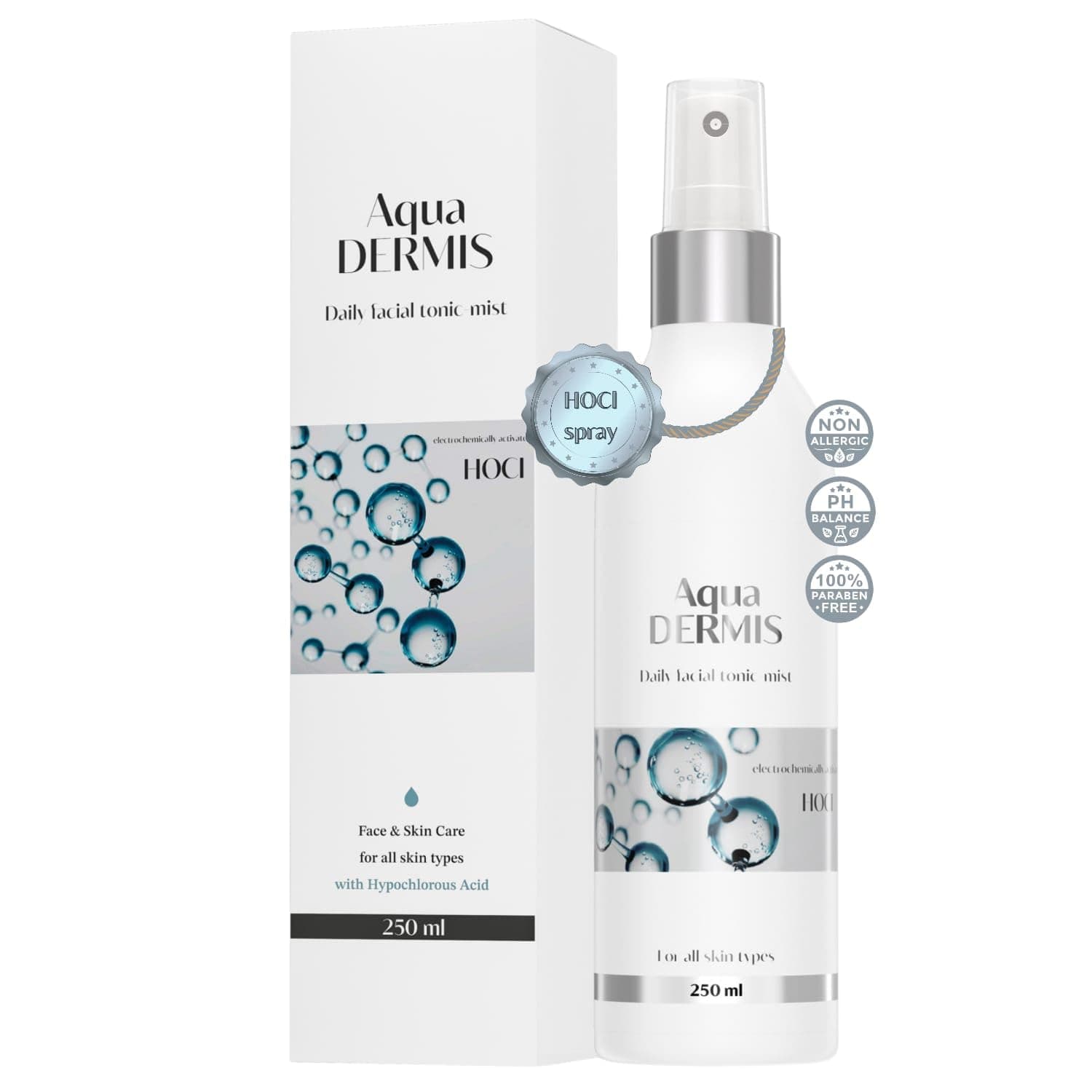 AquaDERMIS Spray Face Mist 250 ml - Tónico hidratante para rostro y piel/para pieles sensibles/controla acné, rosácea, irritación, rojeces/ayuda a la cicatrización/con ácido hipocloroso
