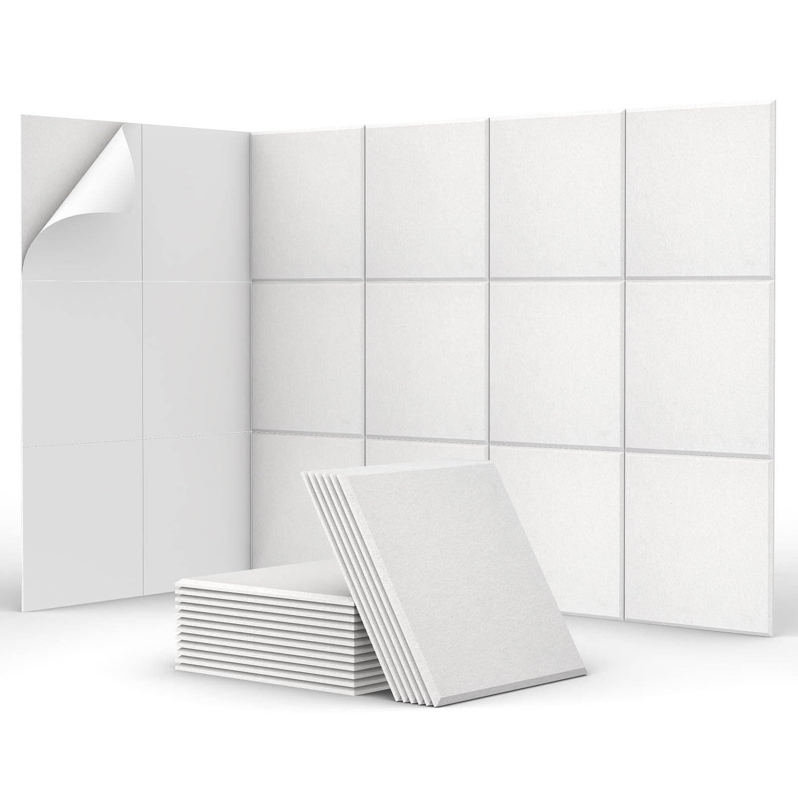 TONOR 18 PCS Paneles AcúSticos Adhesivos Cuadrados, 30 x 30 x 0,9 cm, Aislamiento AcúStico con Baldosas Murales de PoliéSter de Alta Densidad para Paredes, Techos y Puertas, Blanco