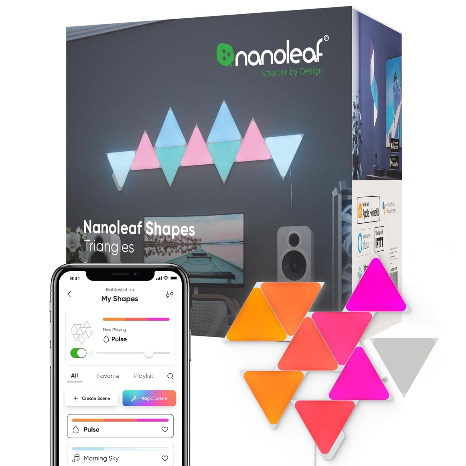 Nanoleaf Shapes Triangle Starter Kit, 9 Triángulos Luminosos LED RGBW - Apliques de Pared Interior Modulares, Luces Led Inteligentes 16M Colores WiFi, Compatible con Alexa, para Decoración y Gaming