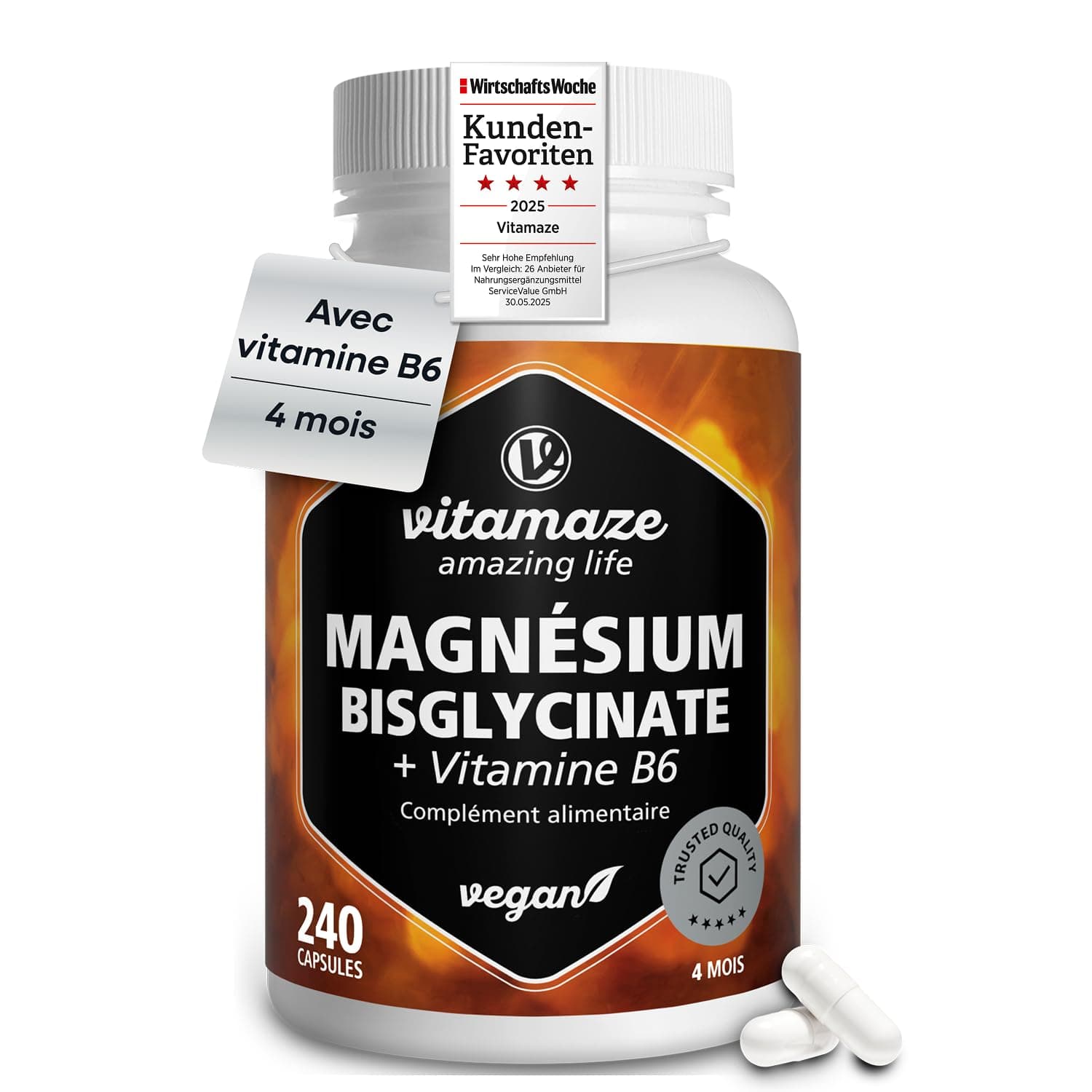 Magnésium Bisglycinate avec Vitamine B6, 4 Mois 240 Gélules, Haute Absorption, Réduction Fatigue et Stress, Sommeil et Système Nerveux, Vegan, Vitamaze