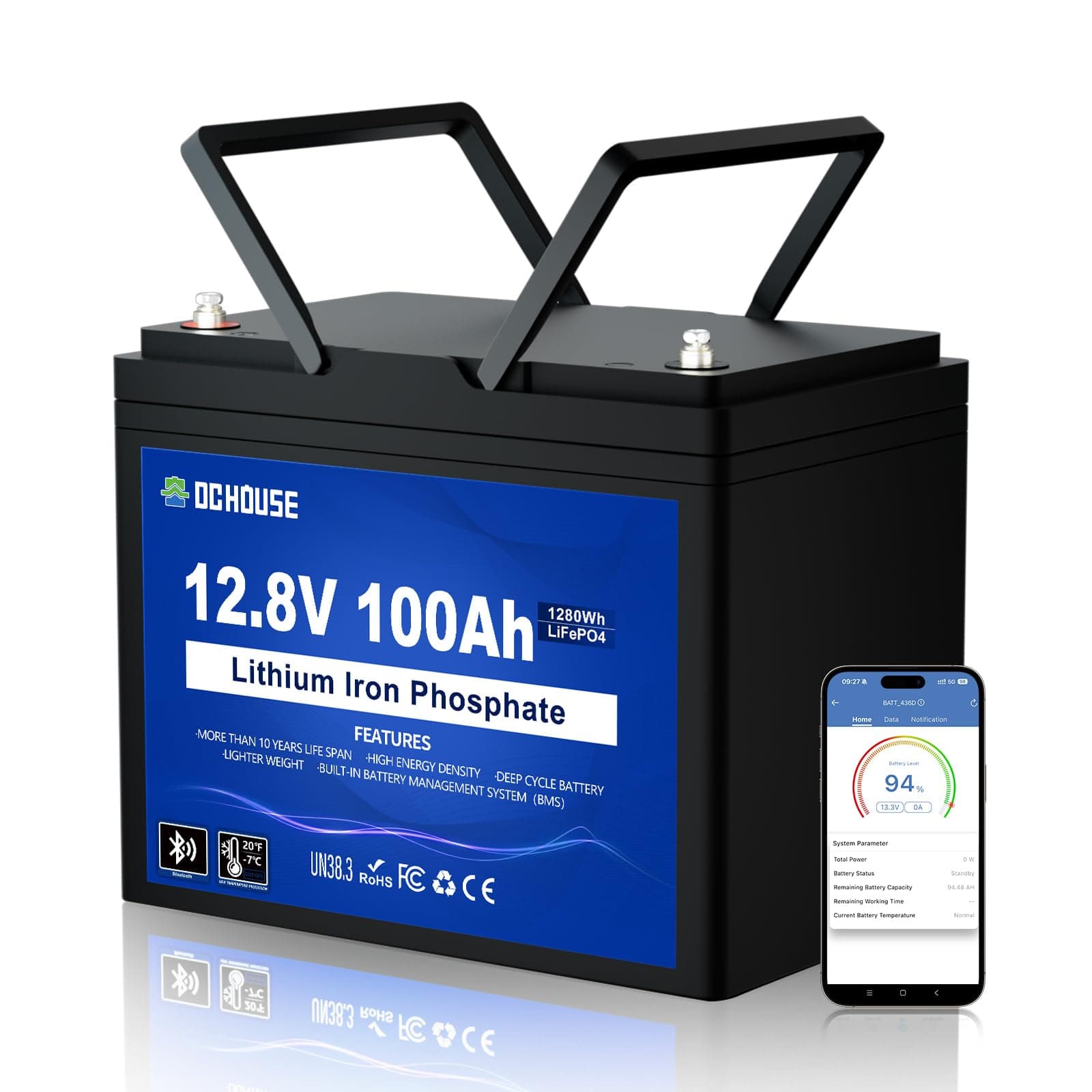 DCHOUSE Batteria Litio Bluetooth 12V 100Ah, Batteria al Litio 12V 1280Wh con Protezione 100A BMS e a Bassa Temperatura, Lifepo4 per motori elettrici，Caravan, Campeggio, Sistemi solare