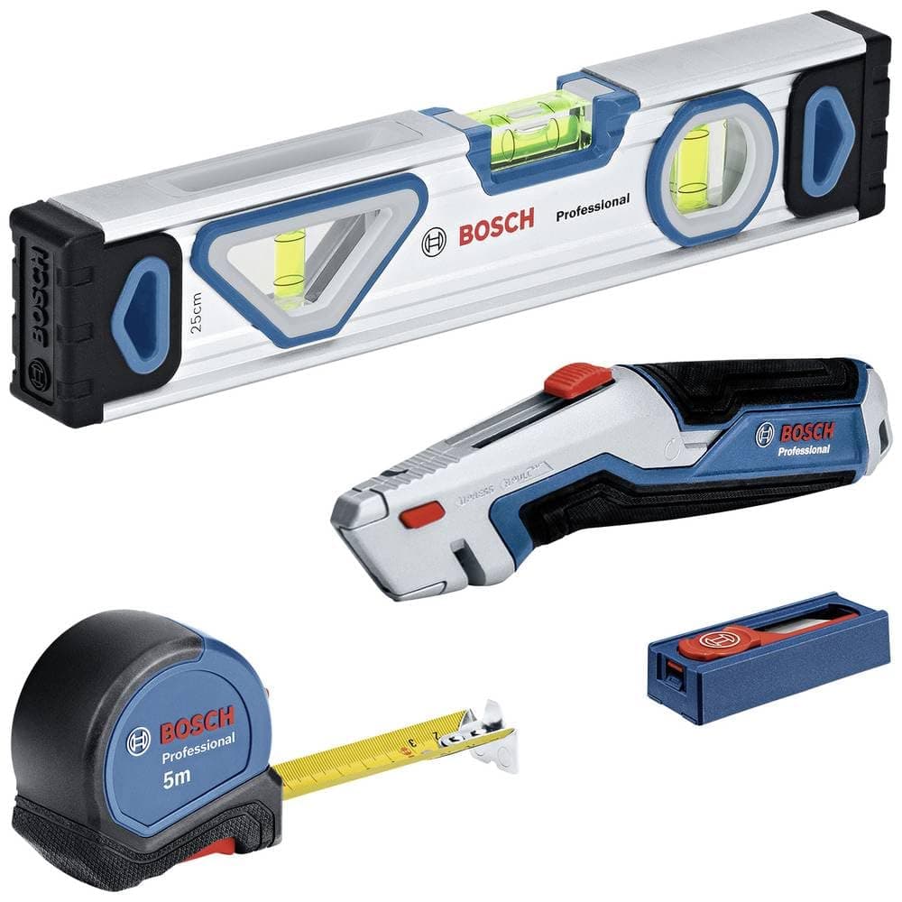 Bosch Professional set d’outils à main 4 pièces (avec niveau à bulle 25 cm, mètre ruban de 5 m, cutter universel avec lame extractible et set de 10 lames de rechange)