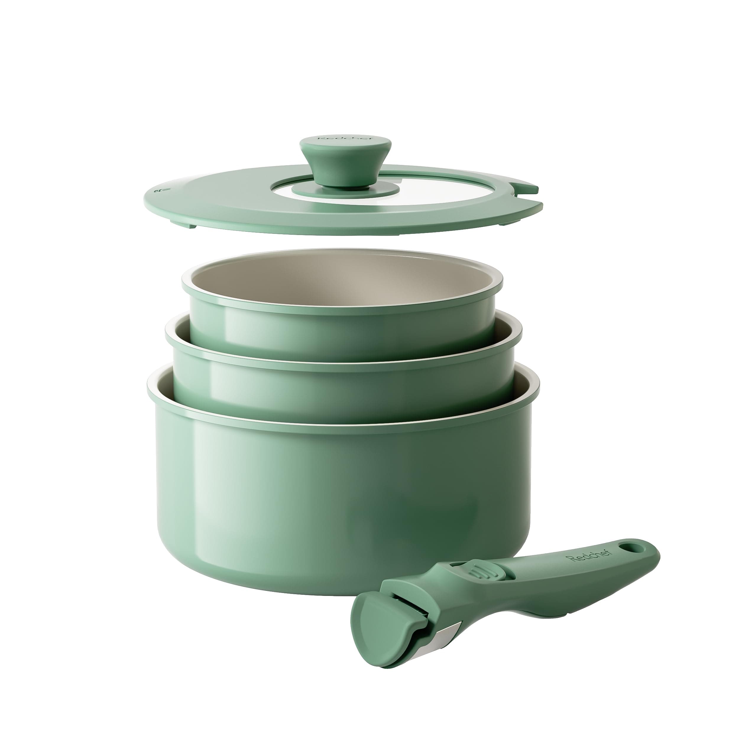 Redchef Set de casseroles avec poignées amovibles, Set de casseroles en céramique antiadhésive 16/18/20cm et couvercles 3-EN-1, Casseroles à induction pour tous les types de cuisinières, Résistantes