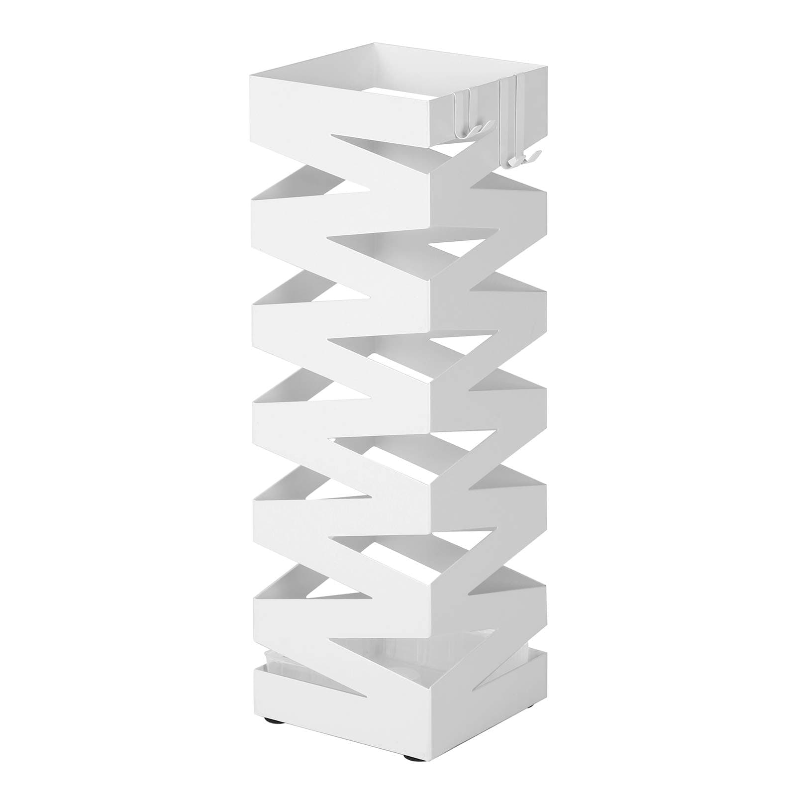 SONGMICS Porta Ombrelli in Metallo, Contenitore per Ombrelli Quadrato con 4 Gancetti e Vaschetta Scolapioggia Rimovibile, 15,5 x 15,5 x 49 cm, Bianco LUC16W