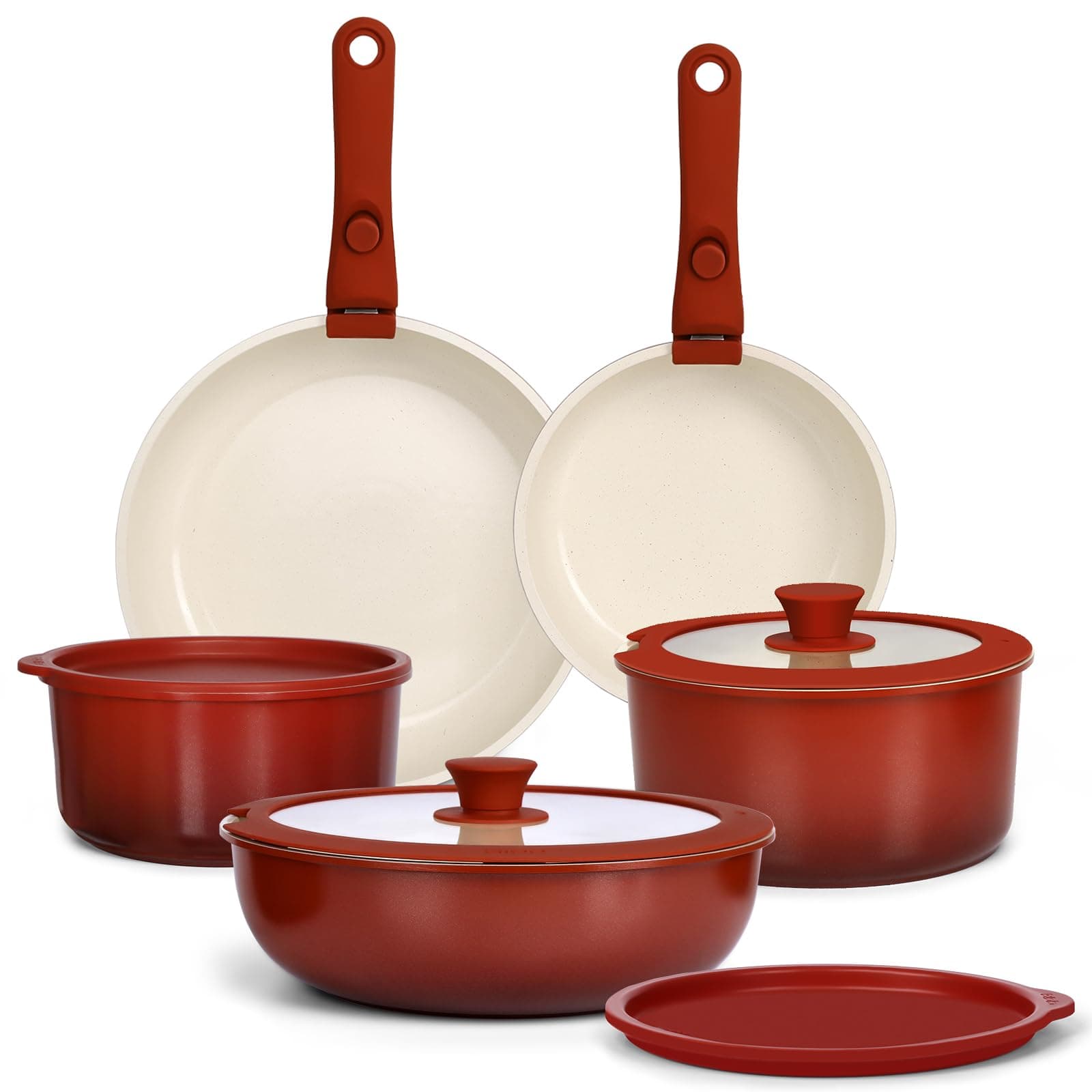 GiPP 11 Pezzi Set di Padelle Antiaderente Compatibile Induzione, Rossa | Comprende padelle, pentole e wok, Manici Rimovibili, per Camper, Senza Tossine, Compatibile Forno/Lavastoviglie
