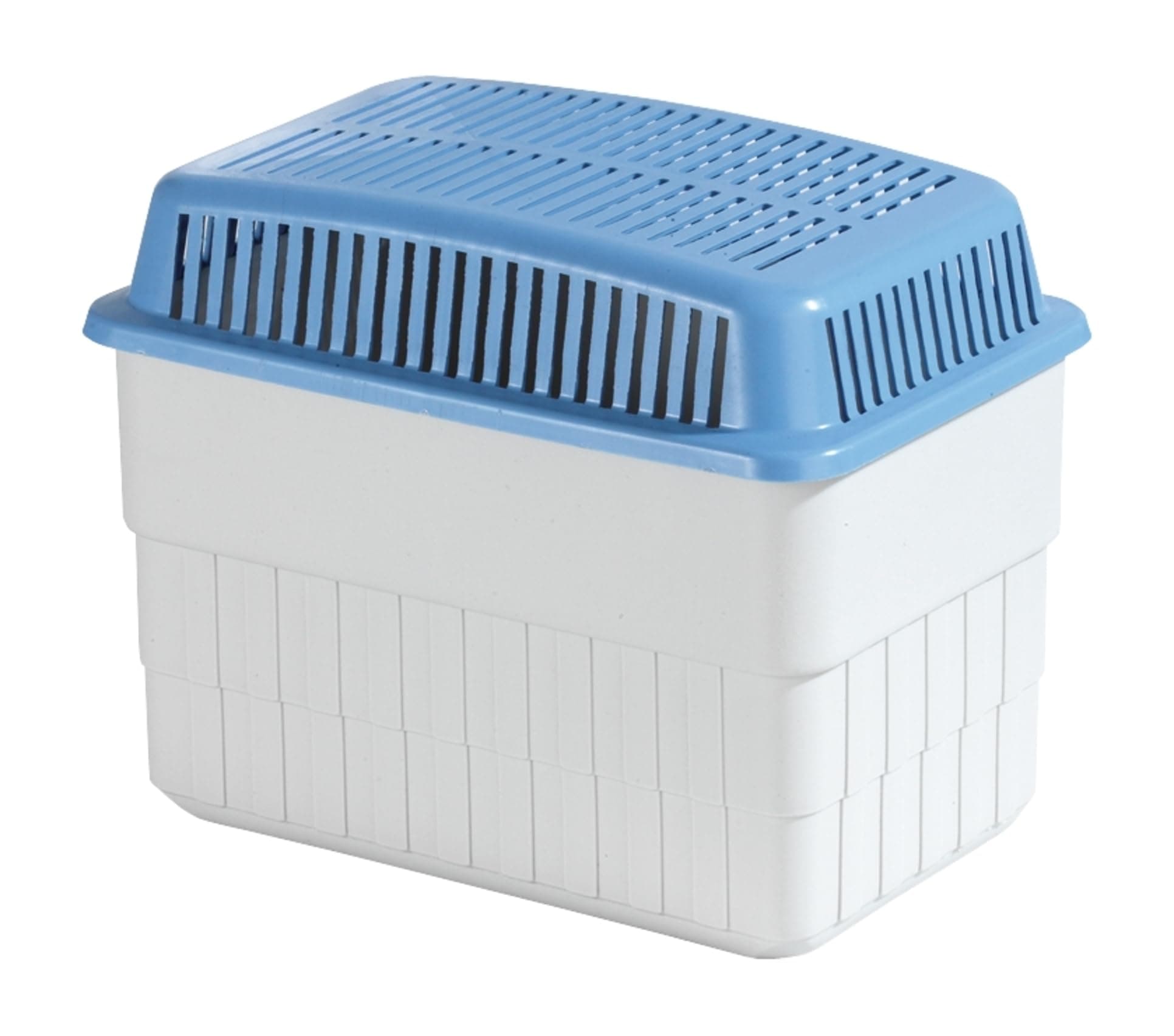 WENKO Feuchtigkeitskiller mit 1 kg Granulatblock, Raumentfeuchter, fasst bis zu 1,4 Liter Feuchtigkeit, laborgeprüft, nachfüllbar, reduziert Schimmel & Gerüche, 24 x 16 x 15 cm, Grau / Blau