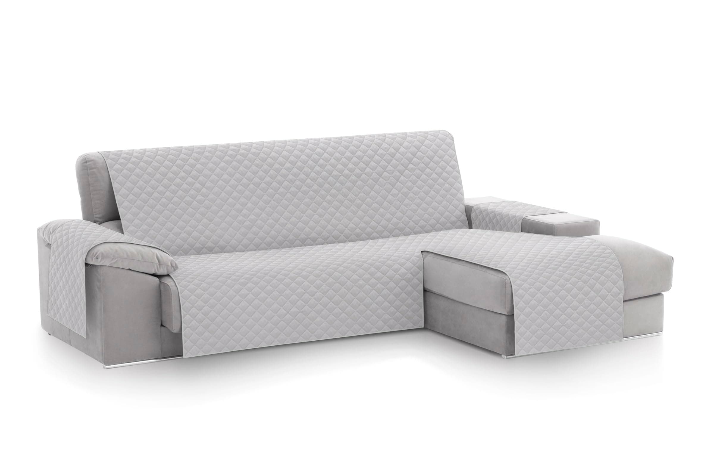 Textilhome Copridivano Chaise Longue con Penisola Malu 240cm – Salvadivano Trapuntato Universale con Bracciolo Destro, Protezione per Animali Domestici, Colore Grigio Chiaro (Visto da Davanti)