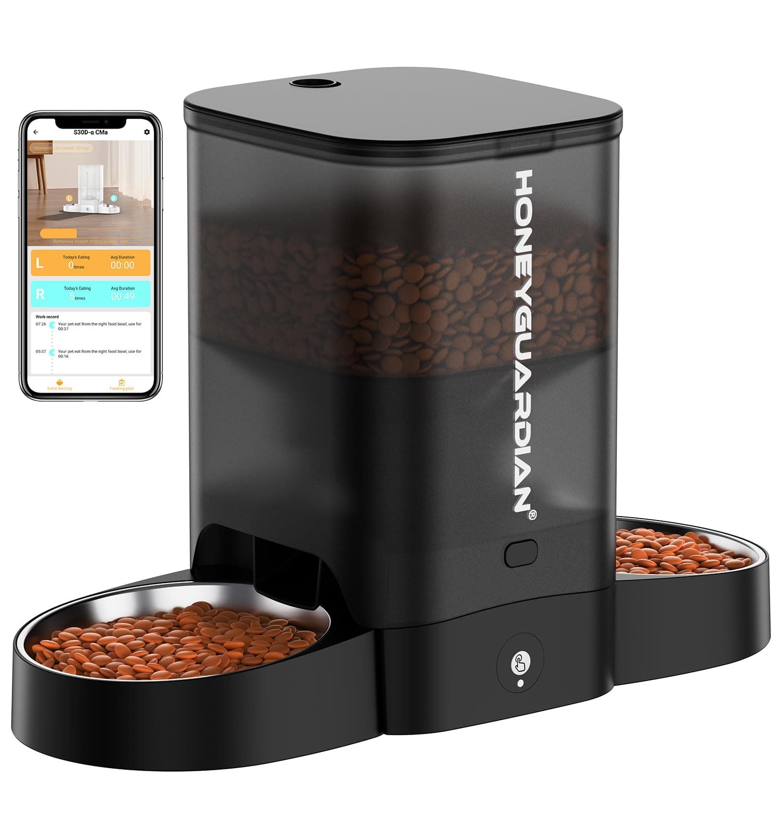 HoneyGuaridan 3.5L Distributore Automatico Cibo Gatti Adatto a Due Gatti, Dispenser Crocchette Gatto Con 2.4G/5G WiFi, Programmabile 6 Pasti al Giorno, Registrazione Vocale 10s, Doppia Alimentazione