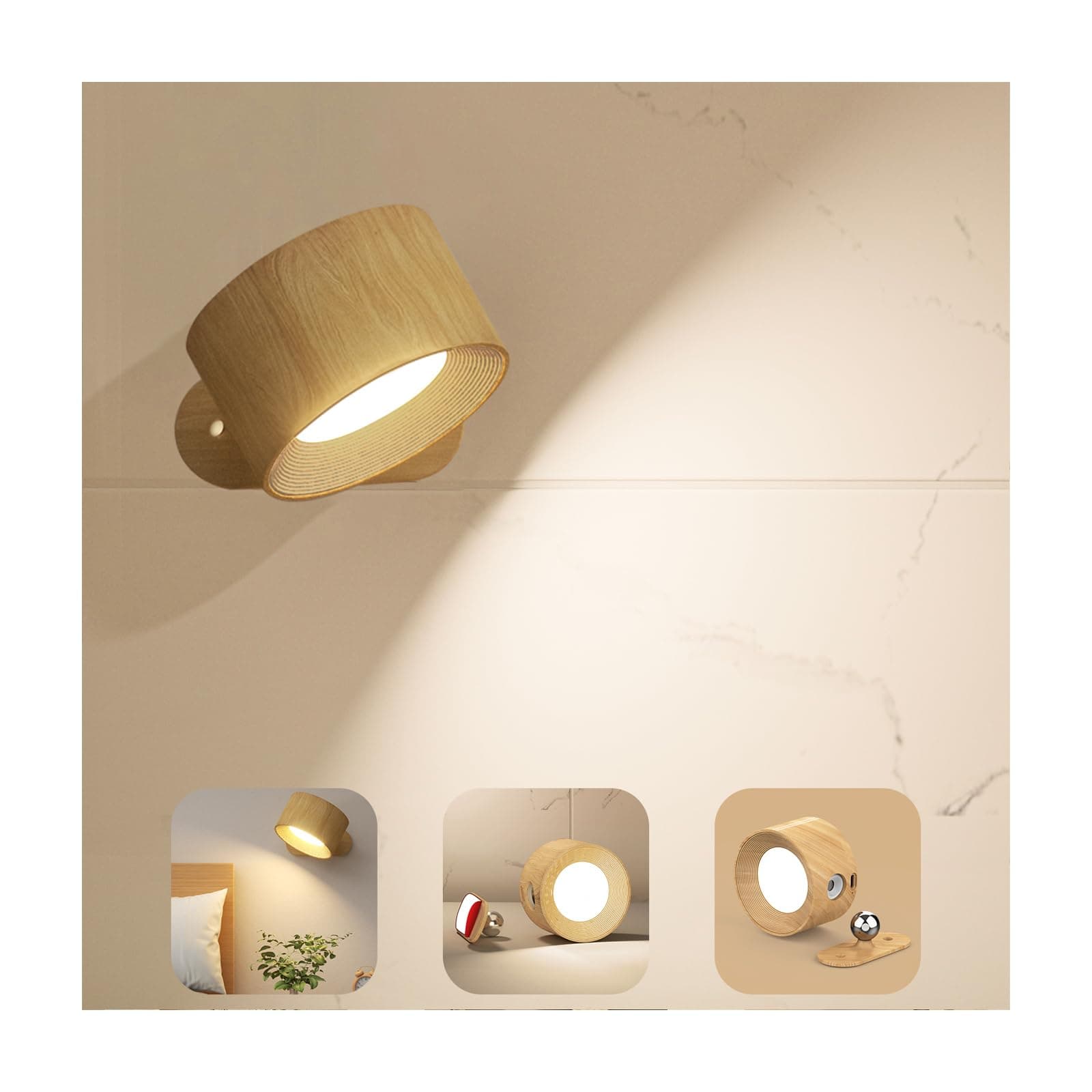 Applique Murale Interieur, Lampe Murale Touch LED avec Port de Charge USB Contrôle Tactile, 3 Niveaux de Luminosité 3 Températures Rotatifs 360° Lampe pour Chambre à Coucher 1 Pack (grain de bois)