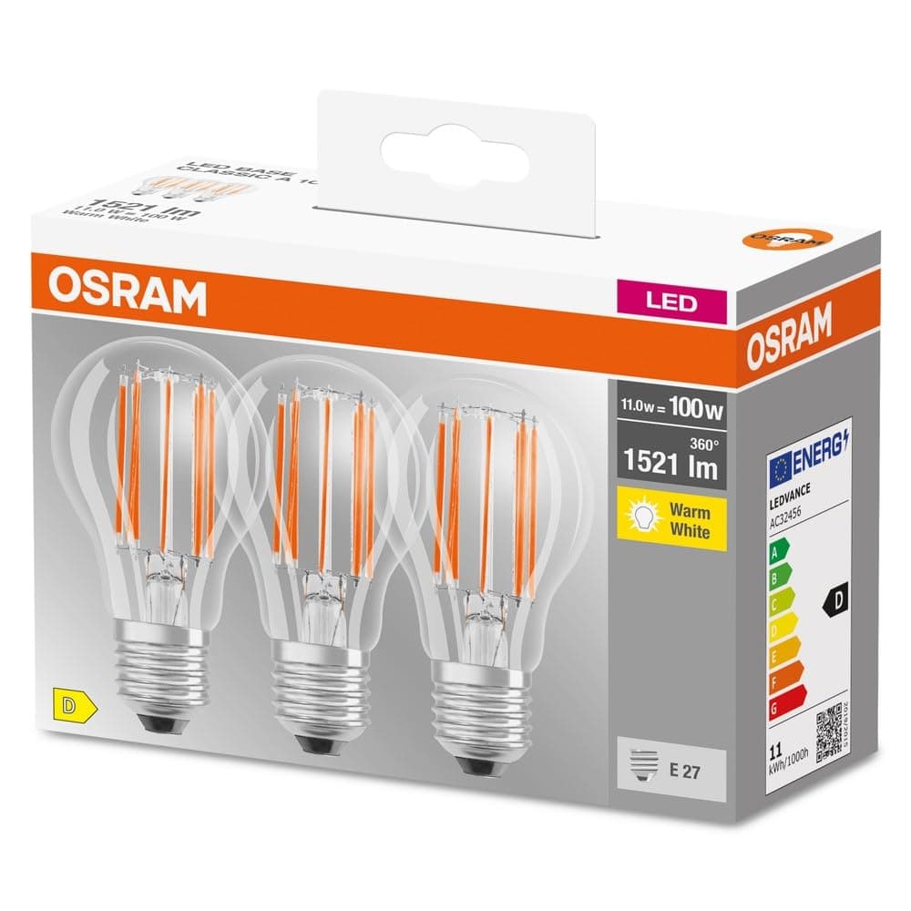 Osram LED-Lampe, Sockel: E27, Warm weiß, 2700 K, 11 W, Ersatz für 100-W-Glühbirne, klar, LED BASE CLASSIC A, 3er-Pack