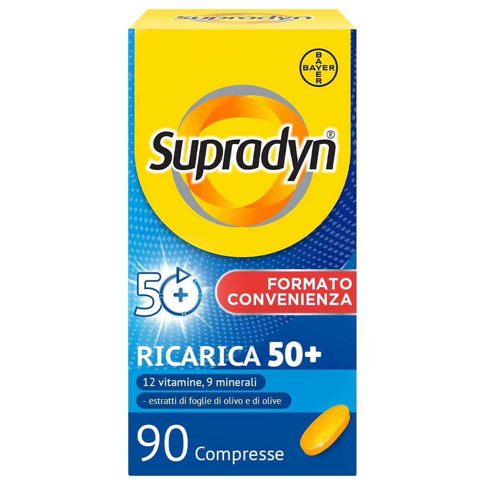 Supradyn Ricarica 50+ Integratore Multivitaminico Completo Vitamine e Minerali con Vitamina B12, C, D, Zinco per Stanchezza Fisica e Concentrazione dai 50 Anni Uomo e Donna, 90 Compresse Rivestite