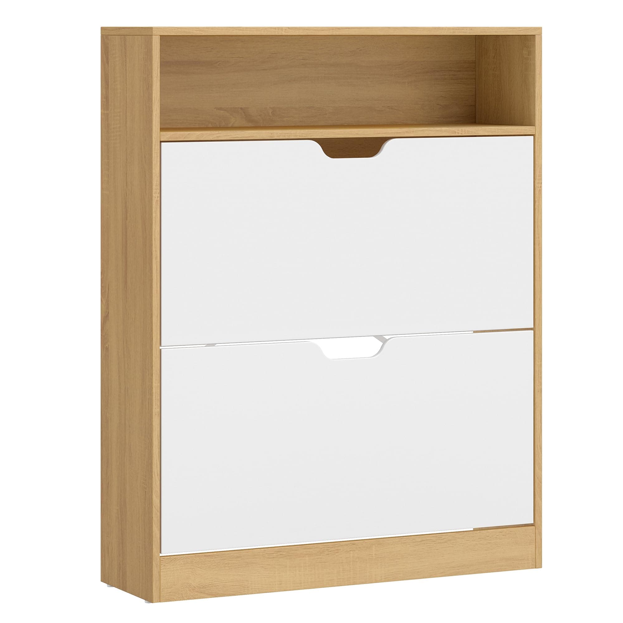 VASAGLE Custos Colección - Zapatero con Compartimiento Abierto y Divisor Ajustable, para Entrada, 2 Puertas Abatibles, 24 x 80 x 102 cm, para 14-16 Pares, Roble Dorado y Blanco Nube LBC048YA02