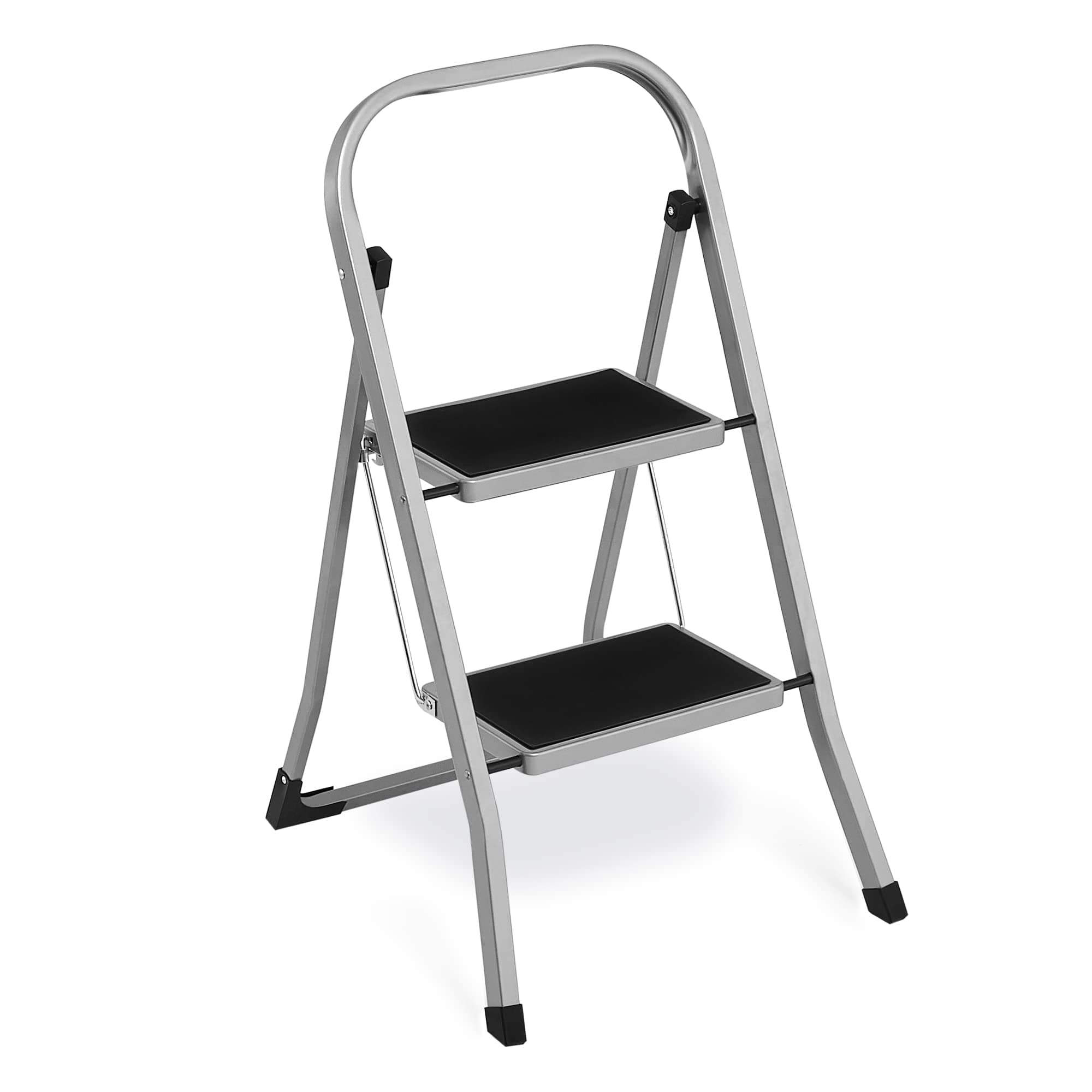 SONGMICS Escalera de Tijera, Escalera con 2 Peldaños, Peldaño Plegable, Bloqueo de Seguridad, Fácil de Guardar, Carga hasta 150 kg, Gris Paloma GSL012G01