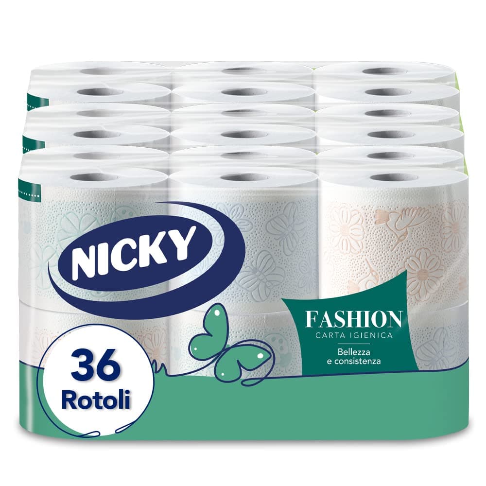 Nicky Fashion Carta Igienica - Confezione da 36 Maxi Rotoli a 4 Veli, 165 Strappi per Rotolo, Decorata, Resistente e Morbida sulla Pelle, Delicatamente Profumata al Talco, Prodotta in Italia