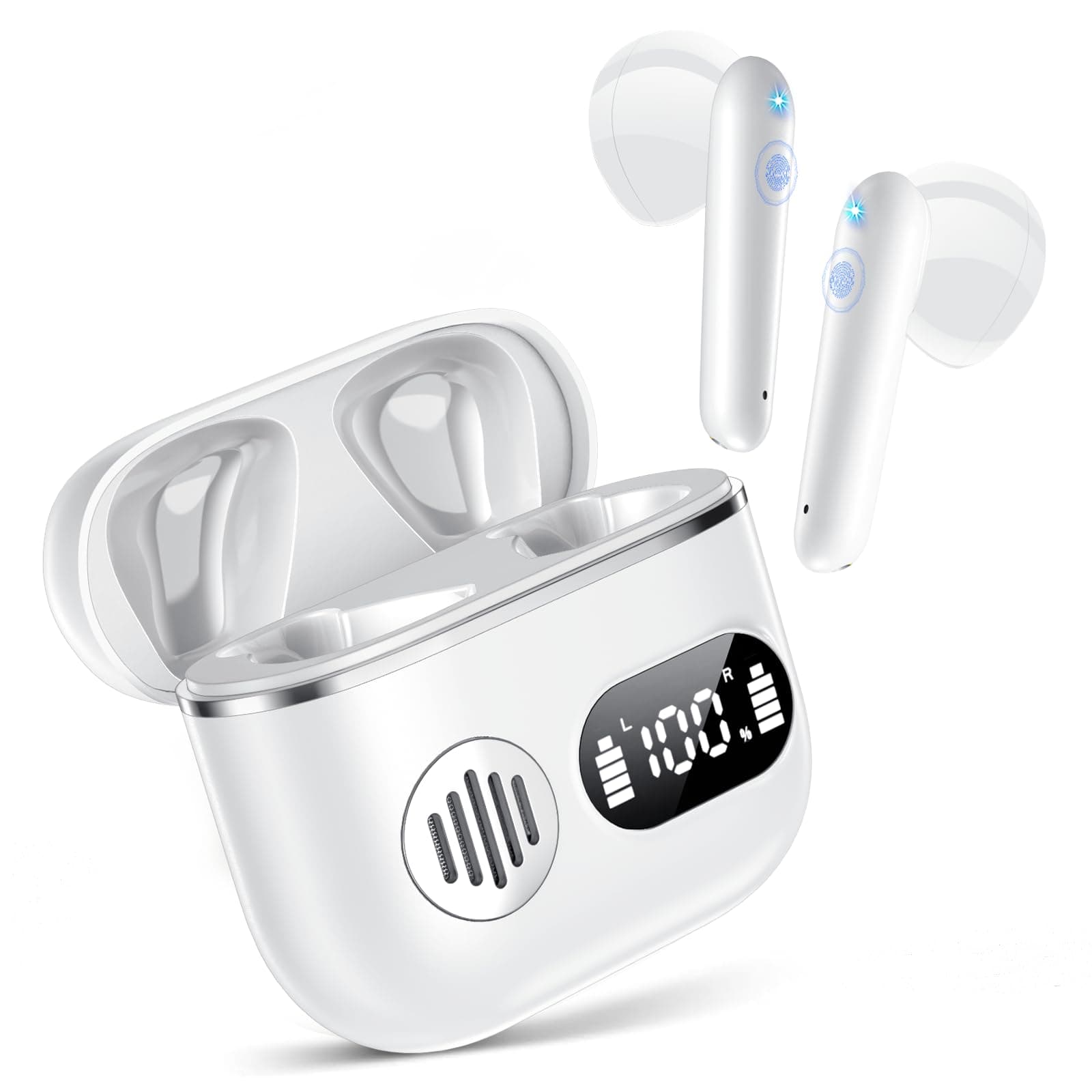 Cuffie Bluetooth,Auricolari Bluetooth 6.1 - Cuffie Wireless con 6 ENC Cancellazione Rumore Mics, Cuffie in Ear 48 Ore di Riproduzione, Cuffiette Senza Filo Stereo HiFi per iOS/Android - Perla Bianco