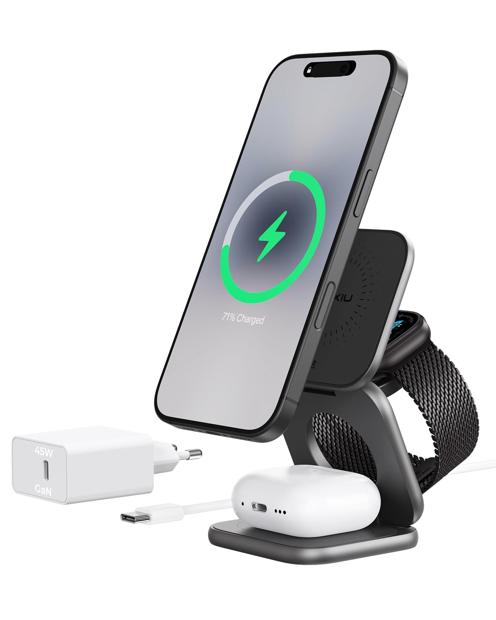 KU XIU X40 Turbo Qi2 25W Caricatore Wireless 3 in 1, Stazione Ricarica Pieghevole per iPhone 17/16/15/14/13/12/Air, 5W per iWatch & Auricolari Wireless, Design in Alluminio, Adattatore Incluso, Grigio