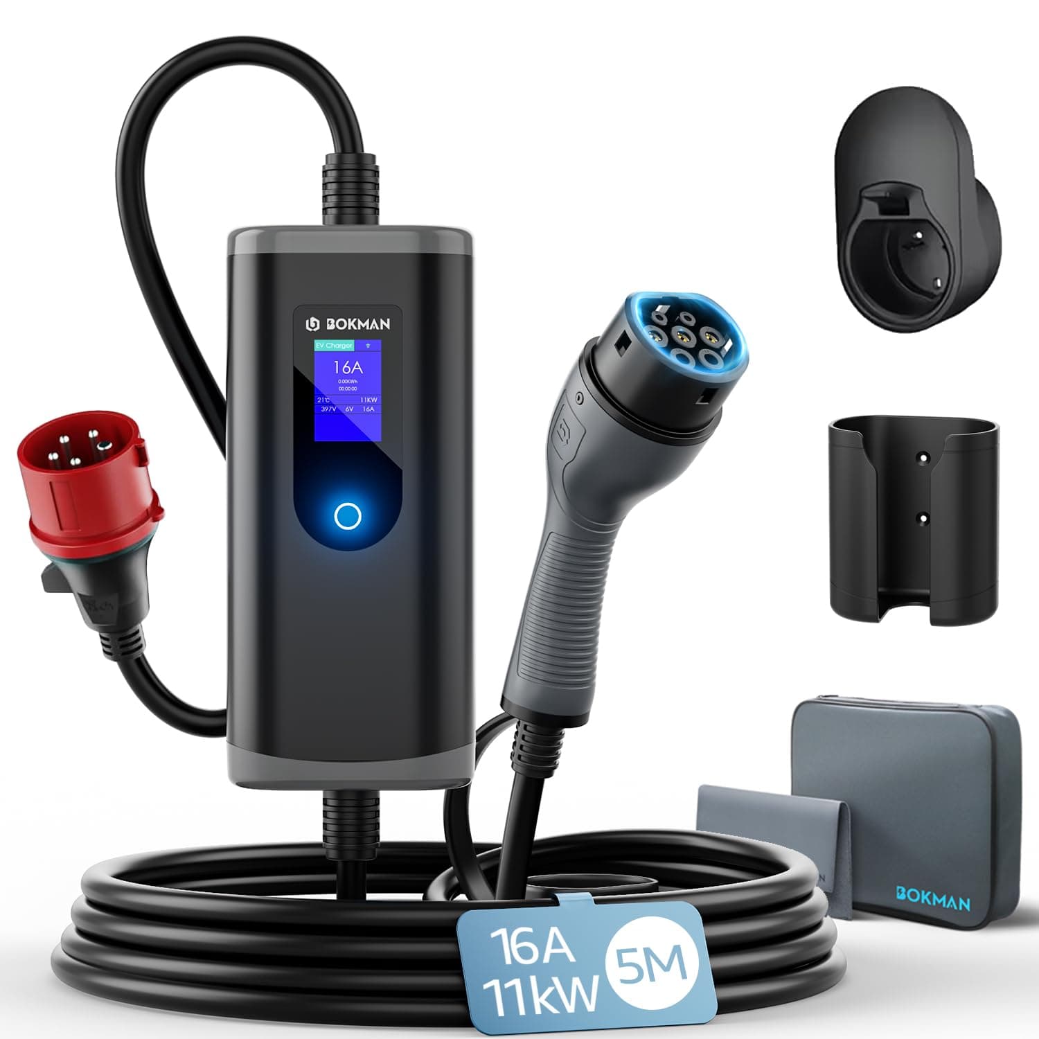 bokman Cargador Coche Eléctrico Tipo 2 CEE, 11kW / 3 Fases / 5 Metros / 6-16A / IP65 Impermeable, EV-Cargador portátil con Adaptador CEE para Vehículos Eléctricos